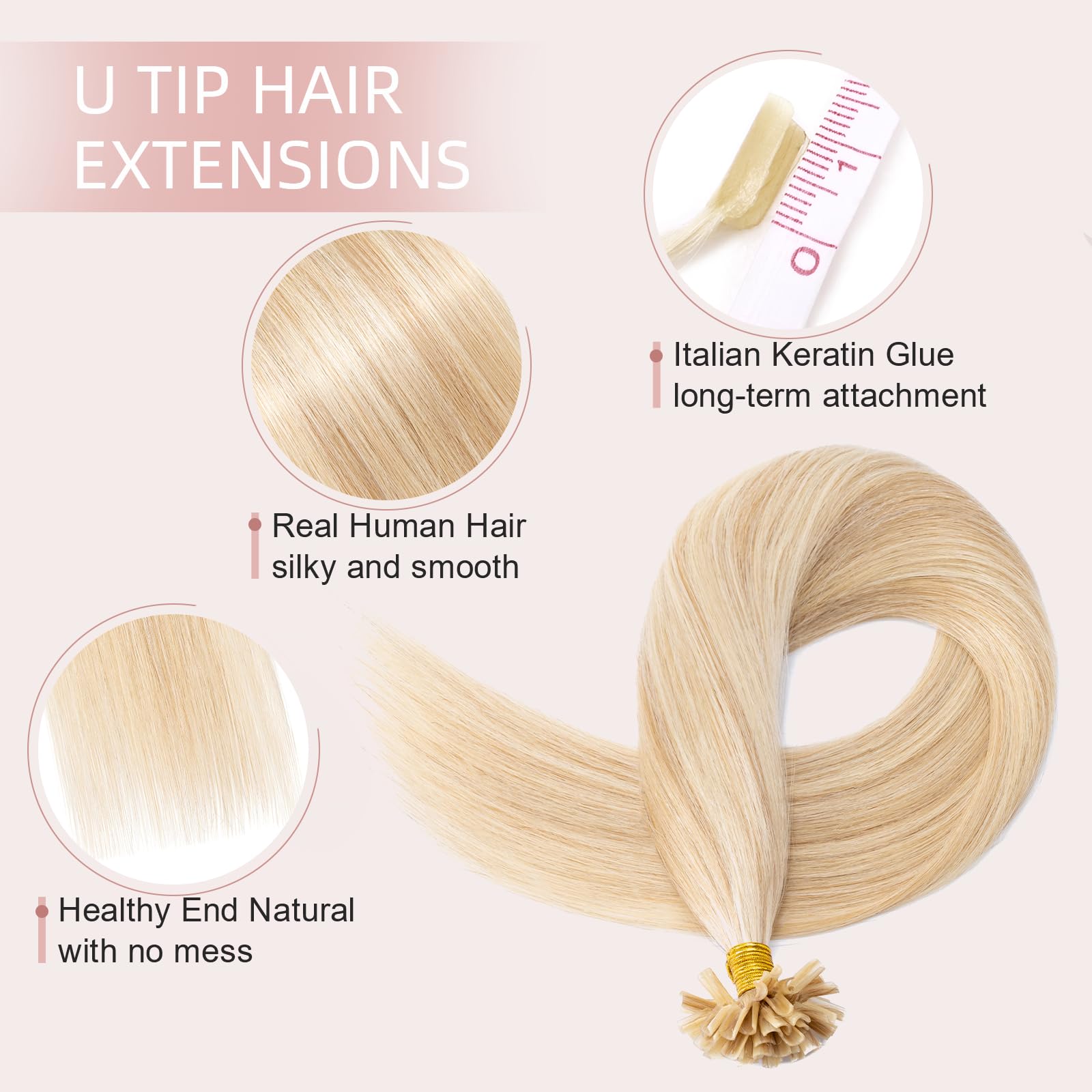 Silk-co U Tip Pre Bonded Hair Extensions Strands Keratin Nail Tip Straight Human Hair Extensions U tip Real Remy Hair 100 Strands Keratin Nail Til 24"-100g #18P613 Ash Blonde&Bleach Blonde - Image 3