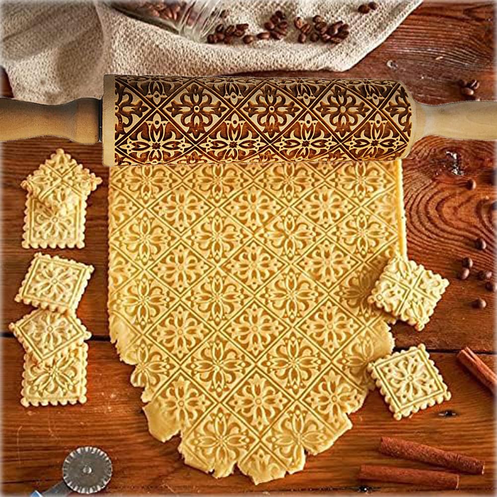 Embossed Rolling Pin,Rolling Pins for Baking,Xmas Christmas Wooden Rolling Pin, Deep Engraved Embossing Rolling Pin Kitchen Decor Tools for Baking Embossed Cookies (Square Flower)