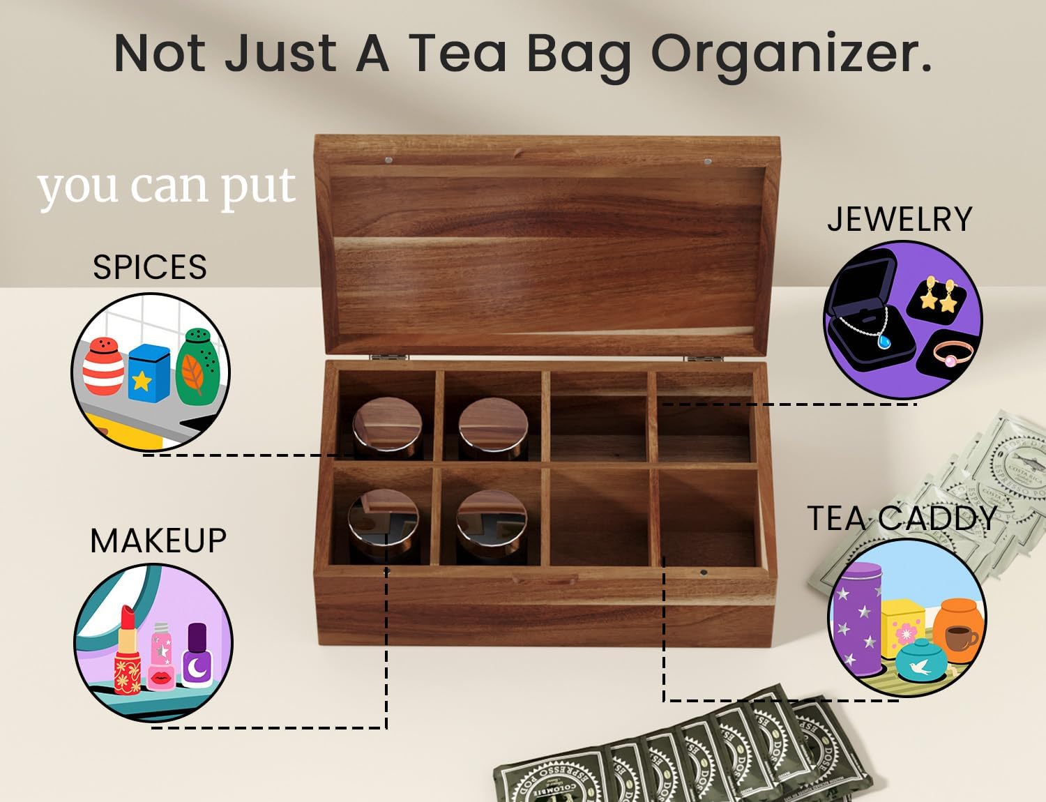 Acacia Wood Tea Bag Organizers, Tea and Sugar Packet Storage Chest with Lid, Wooden Teabag Holder Containers,Tea Box with 8 Compartments Eight grids Brown