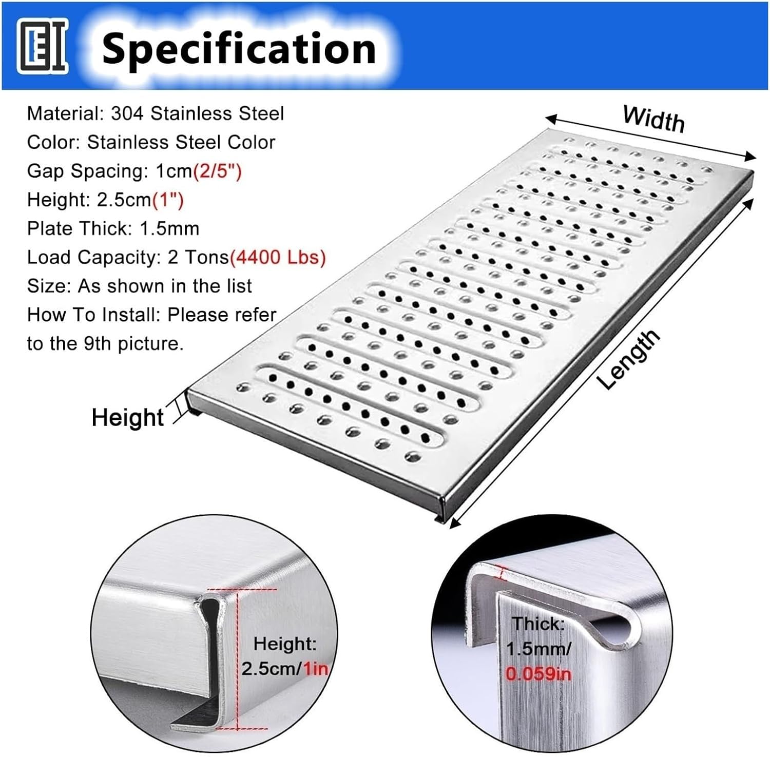 Yard/Garden/Hotel Kitchen Trench Drain Metal Grate, Sidewalk/Driveway Stainless Steel Anti-Blocking Trench Drainage Cover, with Non Slip Surface & Hole(L22.8 X W15.7 X H1/58X40X2.5cm)
