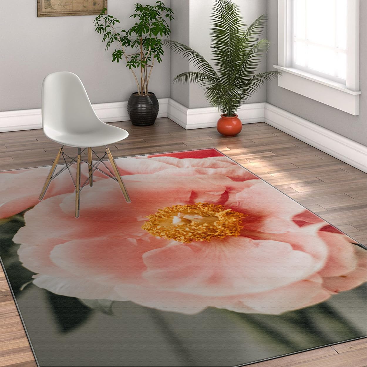 Tapis de salon rose pivoine aux étamines dorées, l'élégance lavable 80x150