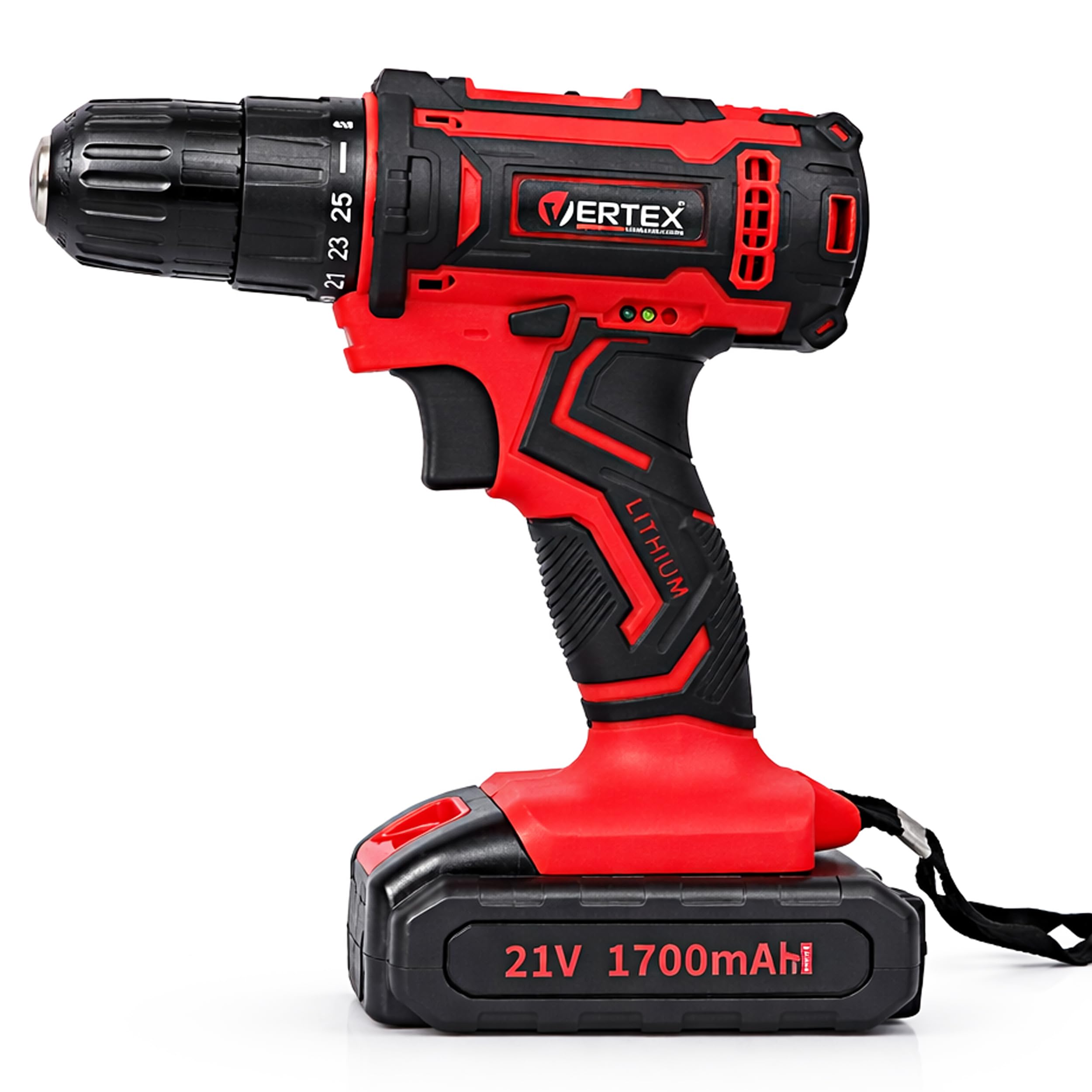 Vertex Wiertarko-wkrętarka Akumulatorowa 21V, 2 Akumulatory Li-Ion 1.7Ah + Ładowarka, 32Nm, z Walizką i 30 Akcesoriami, Model VWK21LI-2, Podświetlenie LED, Z Poziomem Naładowania Baterii