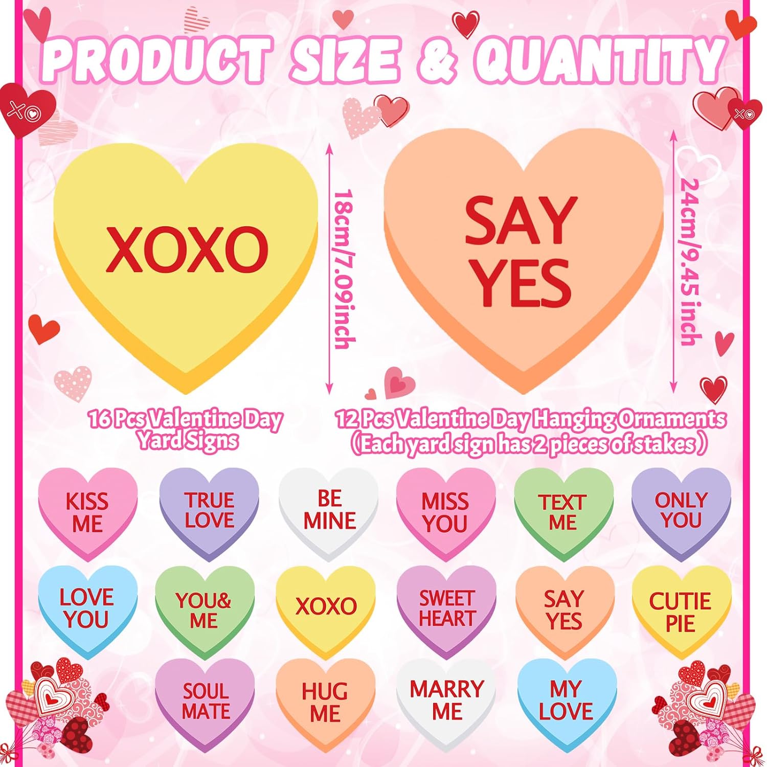 Yuntau 28 Pcs Valentine‘s Day Outdoor Decorations Conversation Heart Candy Yard Sign Valentine Day Yard Stakes Heart Sayings Hanging Ornaments with Stakes and Fishing Threads for Valentine Tree Lawn