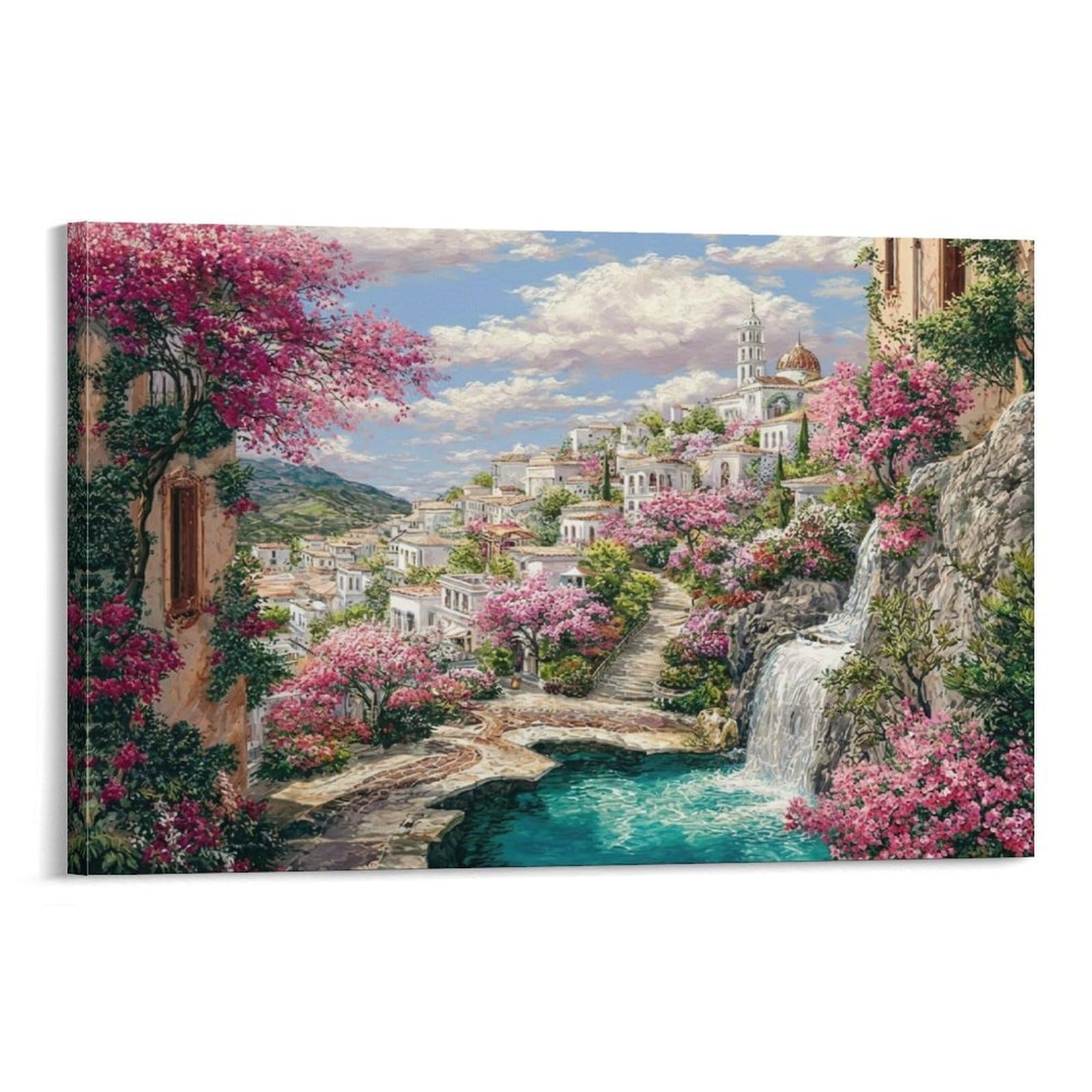 CPLVKWRQJ Spring Village Scenery Individual Cliff Village Waterfall Full of Pink Blooms Canvas Wall Art - Office Canvas Print Fade Resistant Wall Focal Art Ready to Hang 20x30inch(50x75cm)