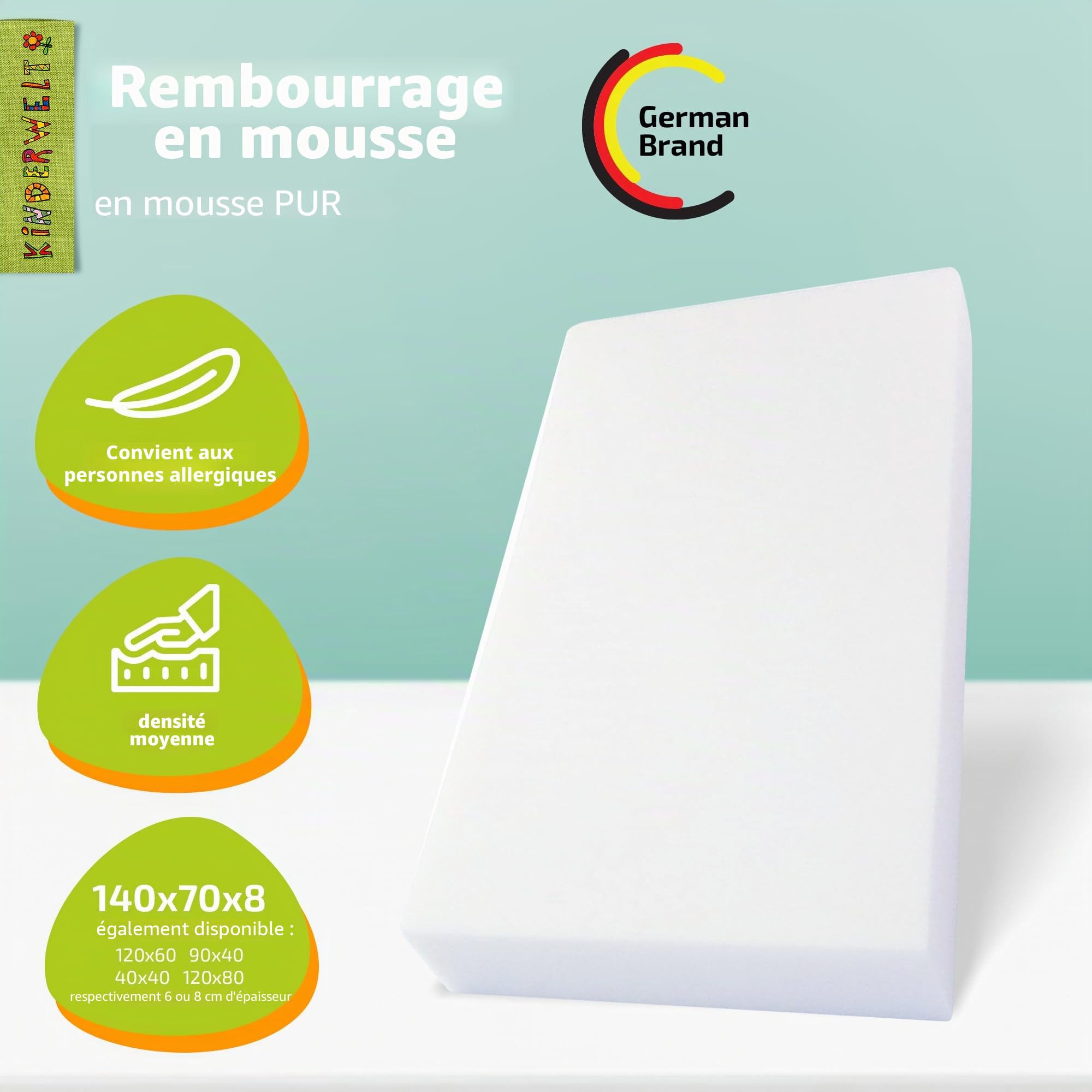 KiNDERWELT Panneau en mousse 140x70x8 cm, plaque de mousse 8 cm, rembourrage DIY meubles, surmatelas, camping
