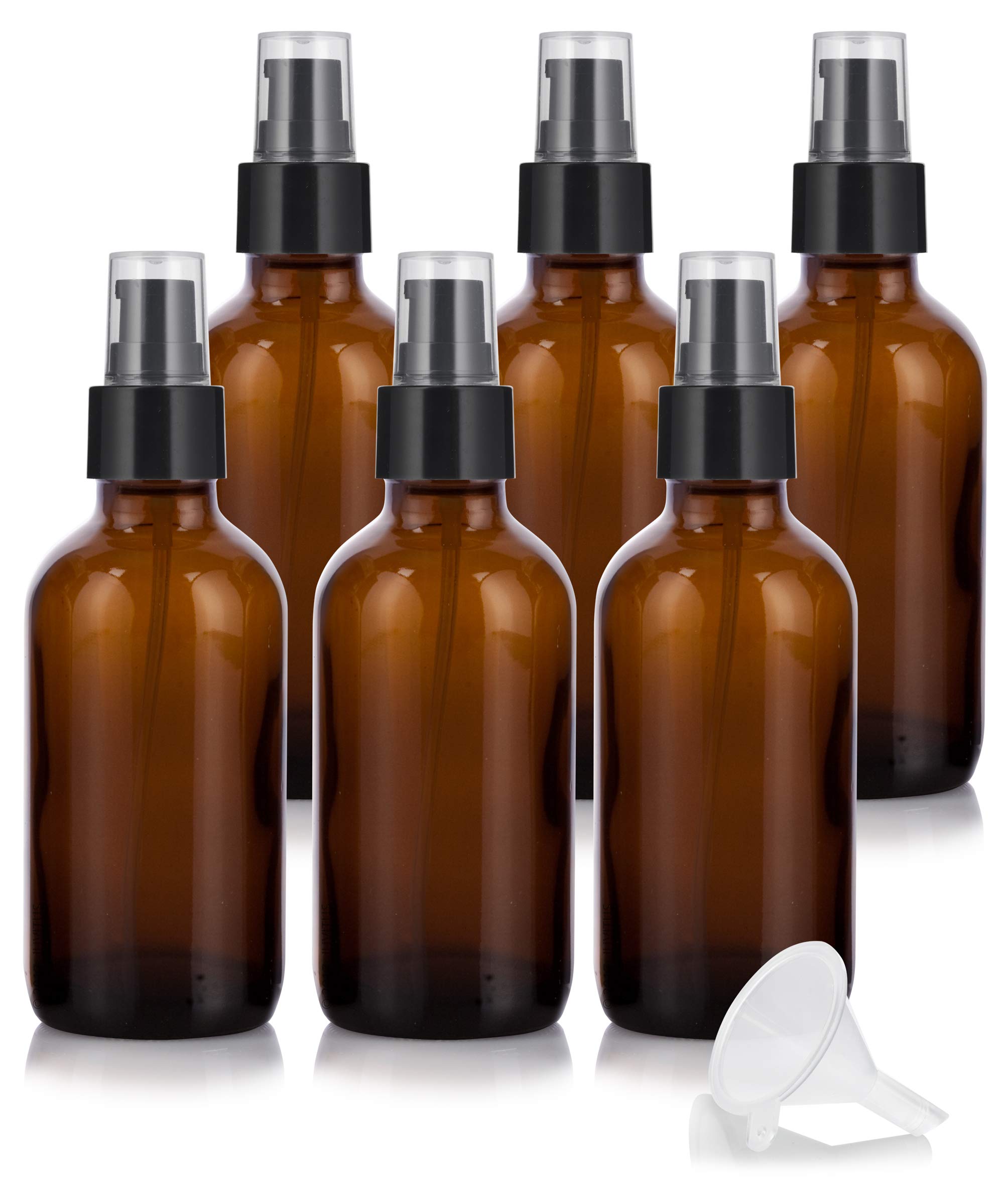 JUVITUS 4 oz Amber Glass Boston Round Bottle with Black Treatment Pump (6 pack) + Funnel