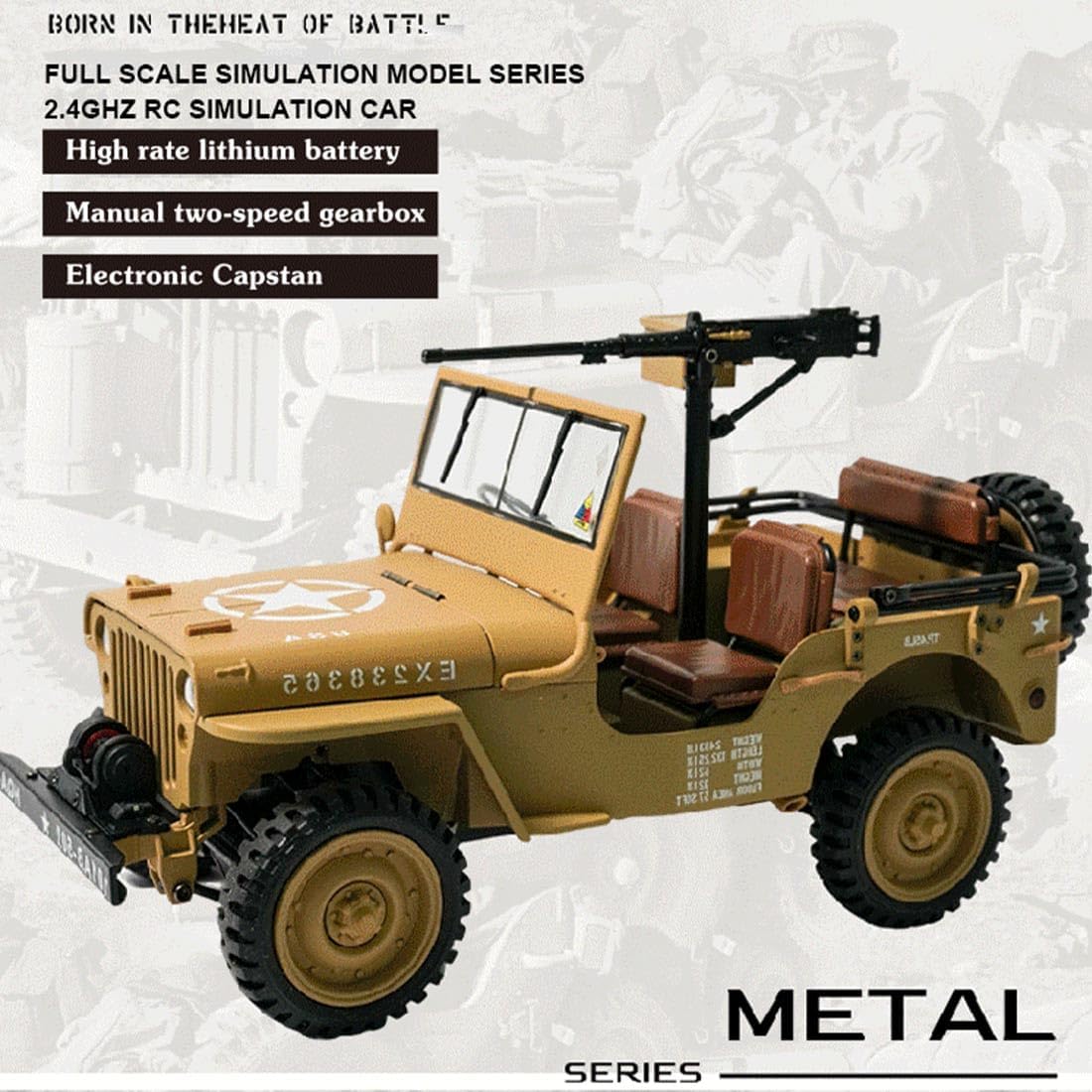 HG4-58 U.S. Willys RC Simulation Off-Road Car, 1/14 Scale 2.4G 4WD Vehicle with Dual-Speed Switching, Sound and Lights and Charging Protection, (RTR)