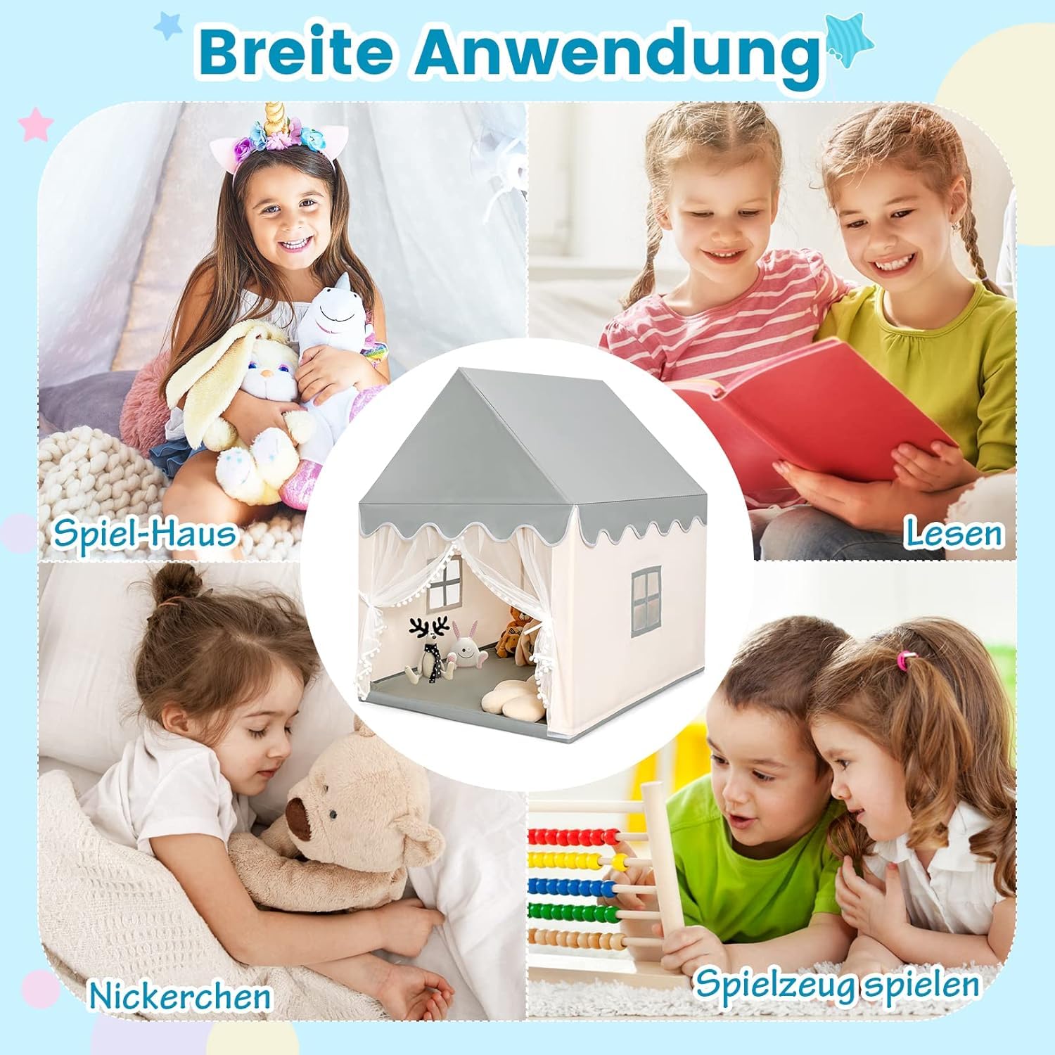 GOPLUS Spielhaus Kinder Indoor, Kinderzelt mit gepolsterter Matte, 2 Fenster, Vorhänge, Hausform Spielzelt für Kleinkinder, Zelt Kinderzimmer mit Holzrahmen für Kinder ab 3 Jahren (Grau+Beige)
