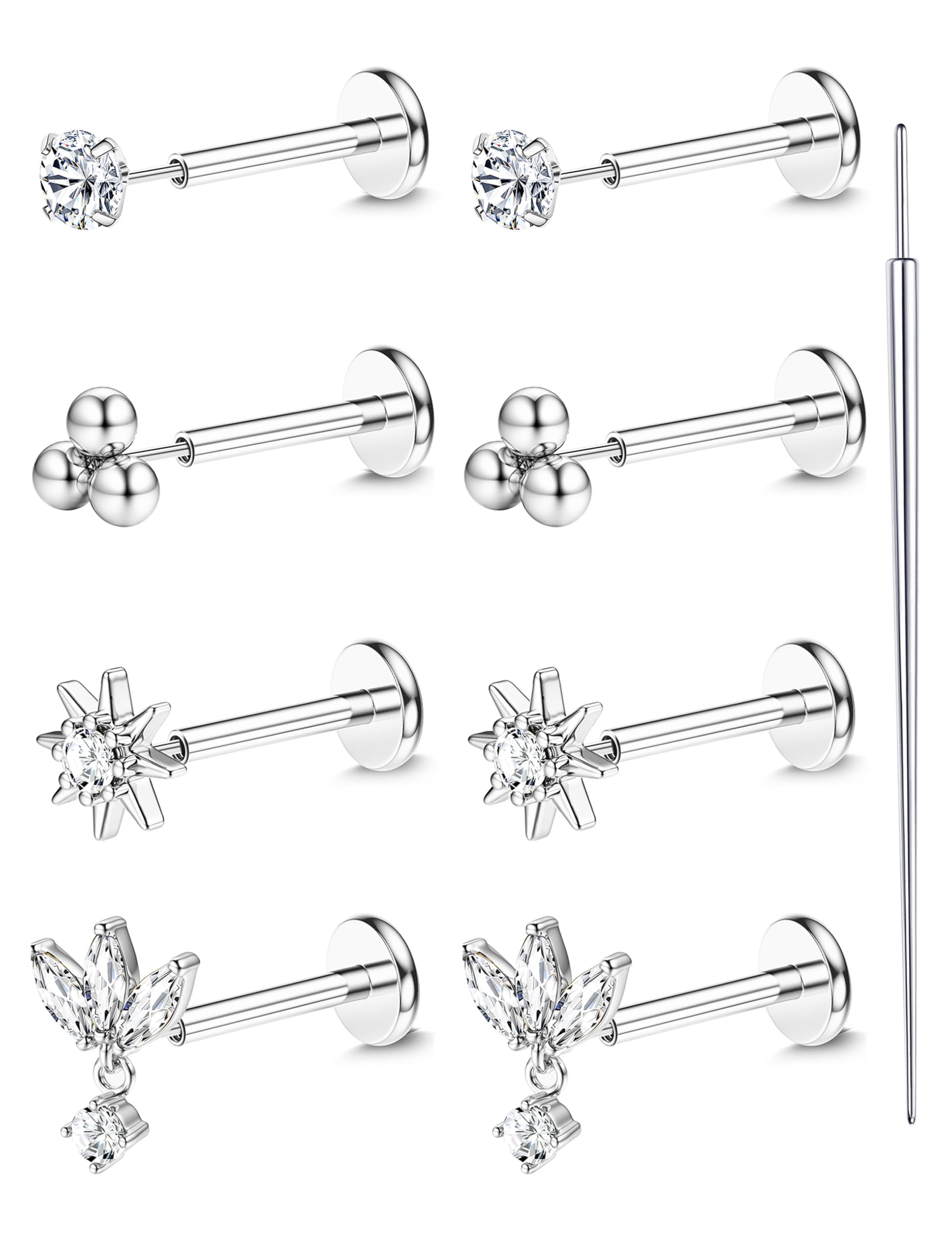 18K Gold Plated Threadless Flat Back Earrings Studs 316L Surgical Steel Push in Nose Studs Rings 20G 18G 16G CZ Tragus Cartilage Helix Conch Lip Labret Medusa Nostril Piercing Jewelry Hypoallergenic