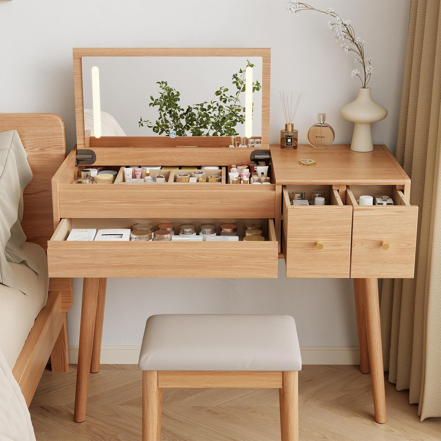 Solid Wood Vanity Desk With Flip Top Mirror And Lights, Mild Century Dressing Table Wooden 4 Drawers Storage, 40 Inch Large Make Up Vanity With 3 Lighting Modes Original, Wood Color (With Adapter)