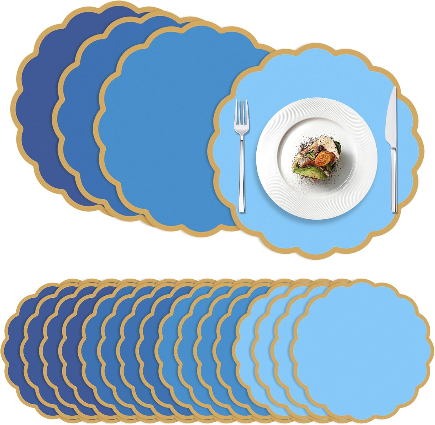 100 Pcs Royal Blue Paper Placemats 13.5 Inch Disposable Scalloped Colorful Pastel Round Table Place Mats with Gold Edges, Decorative Colors Mats for Birthday Wedding Baby Shower Banquet Tea Party
