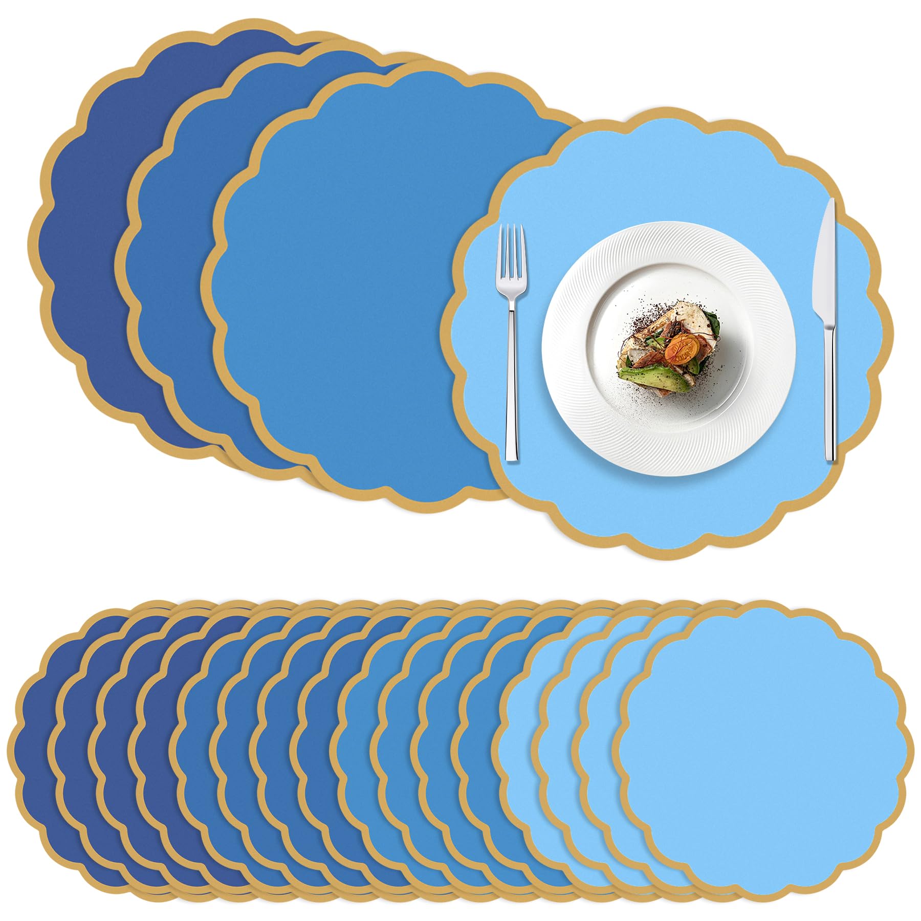 Sets de table ronds en papier bleu roi x100 ornés de bords dorés festonnés pour vos fêtes
