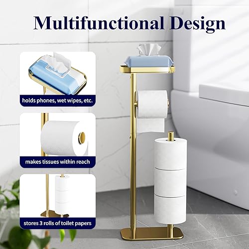 Miniatura 28 de Kitsure Soporte de papel higiénico de pie – Soporte de papel higiénico de metal inoxidable para 4 rollos con base antideslizante y estante para Negro