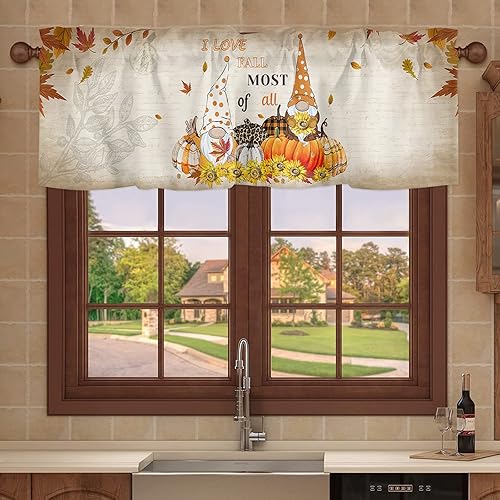 Miniatura 6 de Cenefa de cortina de cocina de gnomo de otoño, cenefa de cortina de calabaza de Acción de Gracias, bolsillo para barra, 1 panel de cenefas pequeñas