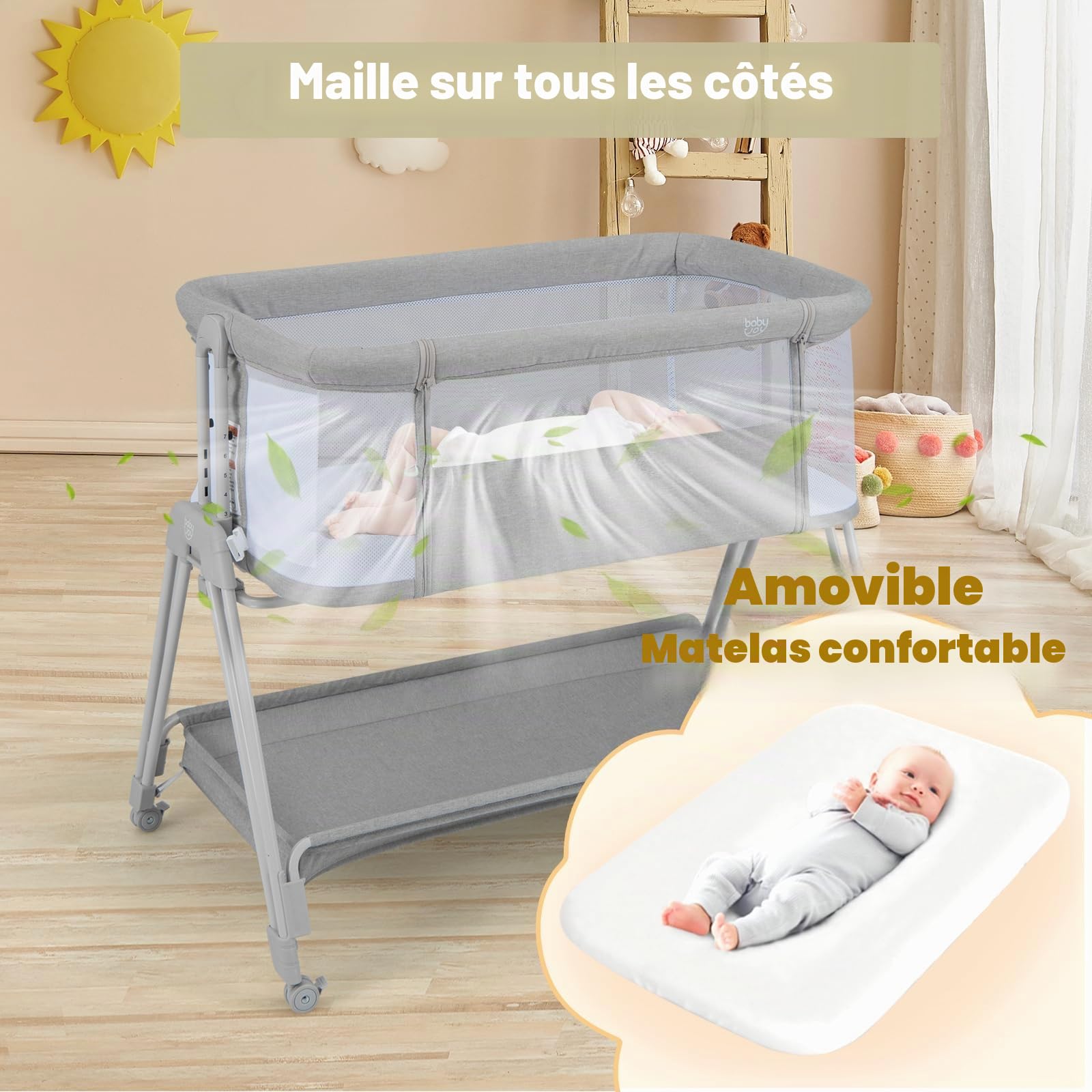 LIFEZEAL Lit Cododo Bébé Relevable 97x56x71,5-86,5 cm, Lit d’Appoint Bebe 0-6 Mois avec Matelas et Etagère, Lit Voyage Pliant avec Roues et Sac, Charge de 9 kg (Gris Clair)