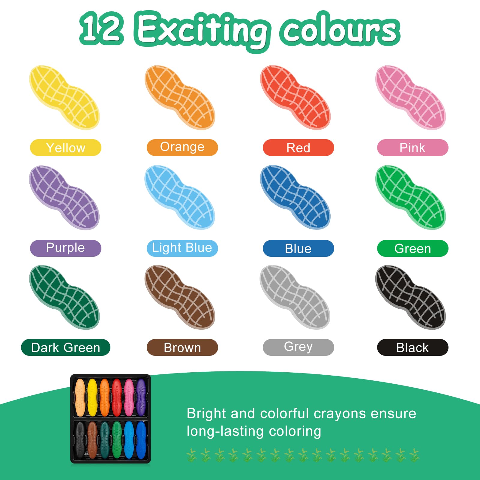 Obidodi Toddler Crayons for Kids 12 Colors Non-Toxic Peanut Crayons Ages 2-4, Easy to Hold, Washable Safe Baby Crayon for Children - Image 3