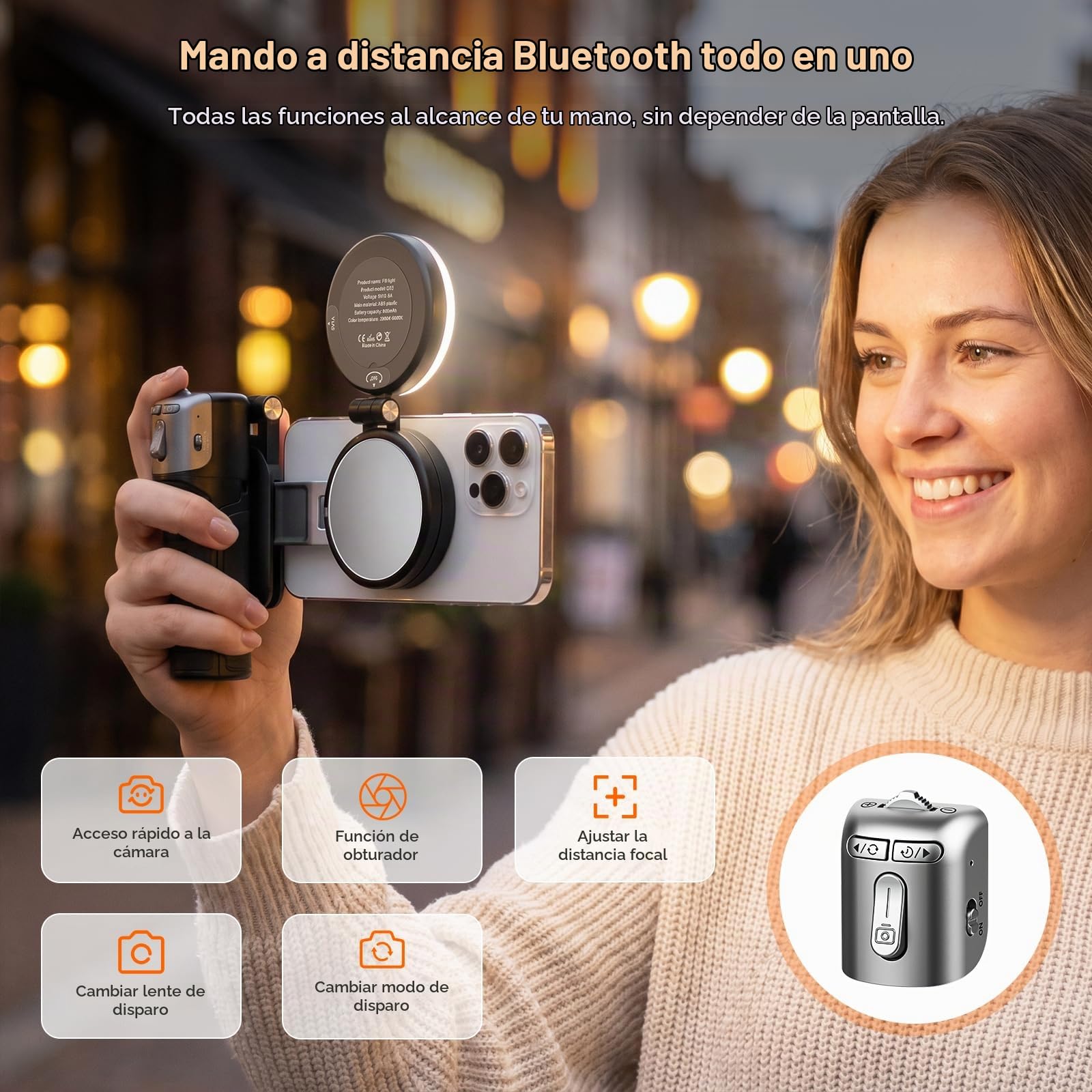 AMAZEAR Palo Selfie Tripode para Movil (4 en 1), Selfie Stick Negro