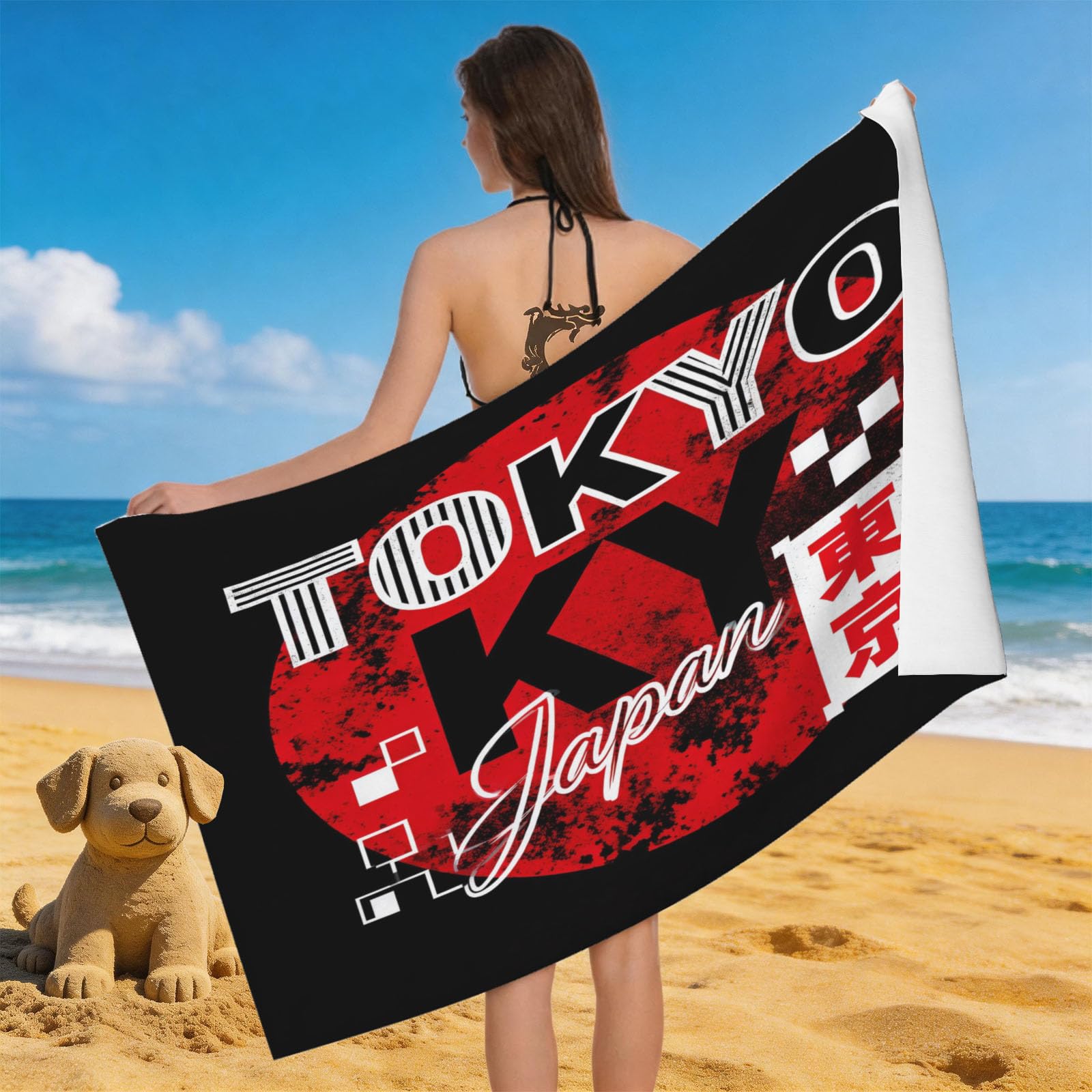 Leichong 3D Tokyo Beach Towel Microfiber Soft Quick Dry for Adults, Chic Bath Towel Lightweight Soft Absorbent for Travel Swimming Pool Sports, 75 x 150 cm