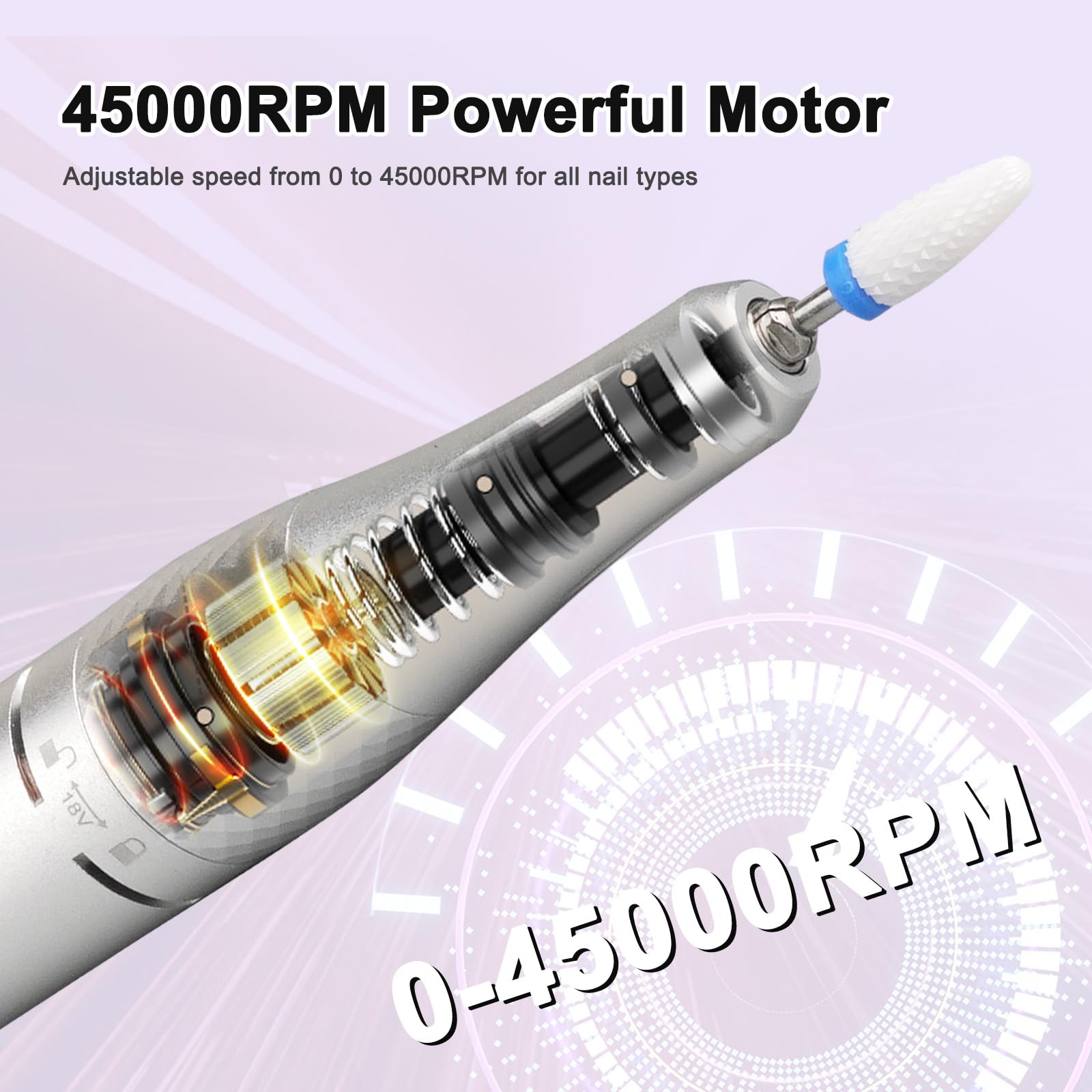 Electric Nail Drill 45000RPM, Nail Files for Acrylic and Gel Nails 13 in 1 Electric Nail File Kit - Image 2