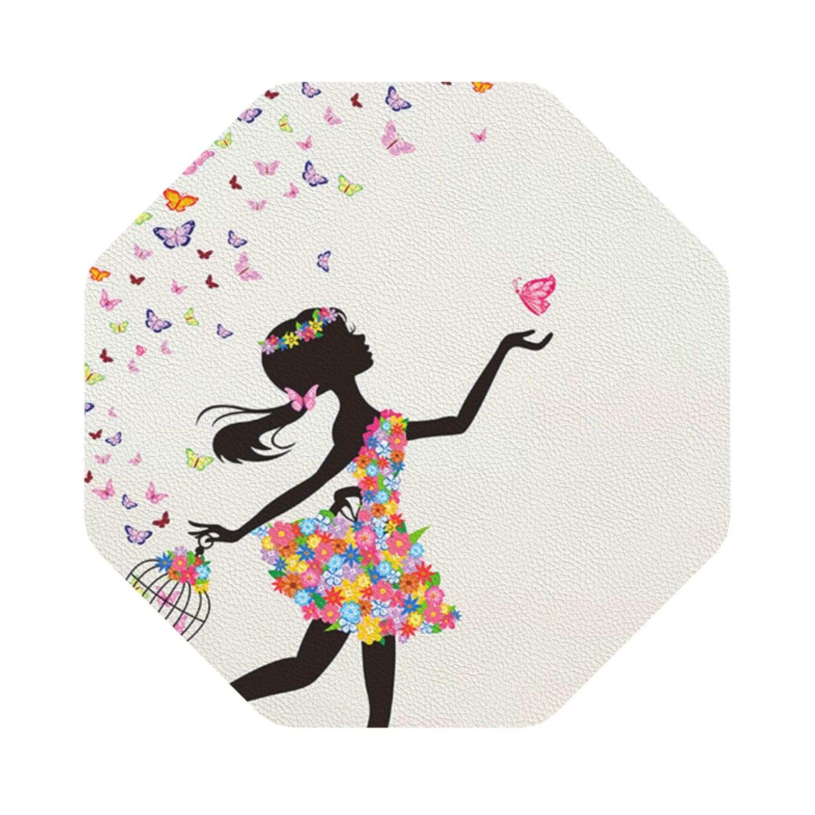Girl Dance Butterfly PU Leather Coasters Set of 6 Octagon Drink Coasters