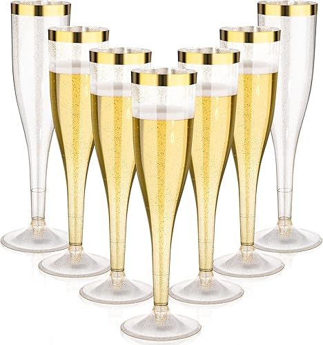 Goodluck Paquete de 48 copas de champán de plástico con purpurina dorada de 6.5 onzas con borde dorado, vasos desechables de champán para brindis de