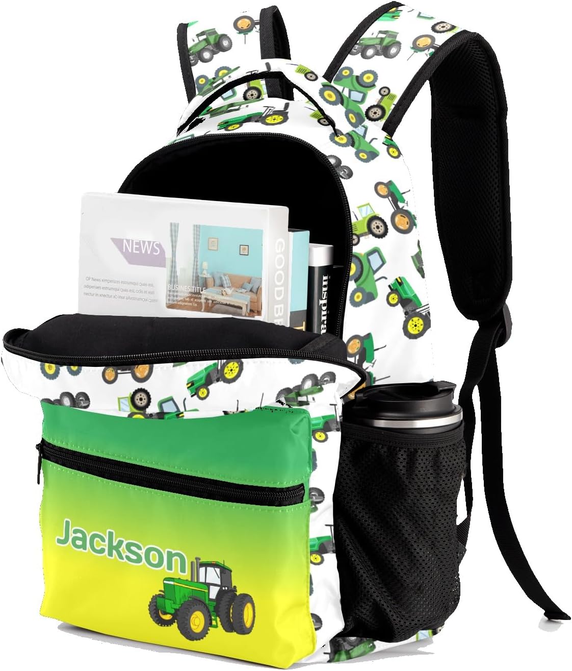 Green Trucks Tractors School Backpack Shoulder Shopping Bag Travel Casual Bags with Name Text
