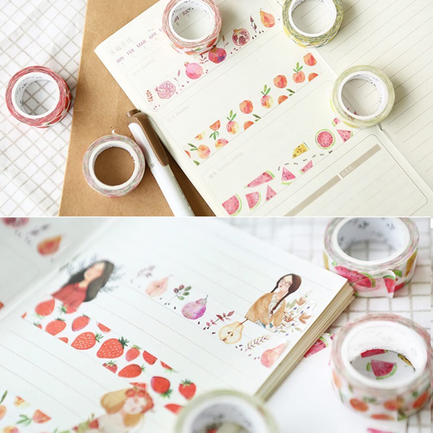 YUBBAEX 6 Rolls Washi Tape Set Plants Fruits & Floral Masking Tape Decorative for Arts, DIY Crafts, Journal Supplies, Planners, Scrapbook, Card/Gift Wrapping -15mm- (Fresh Fruits)