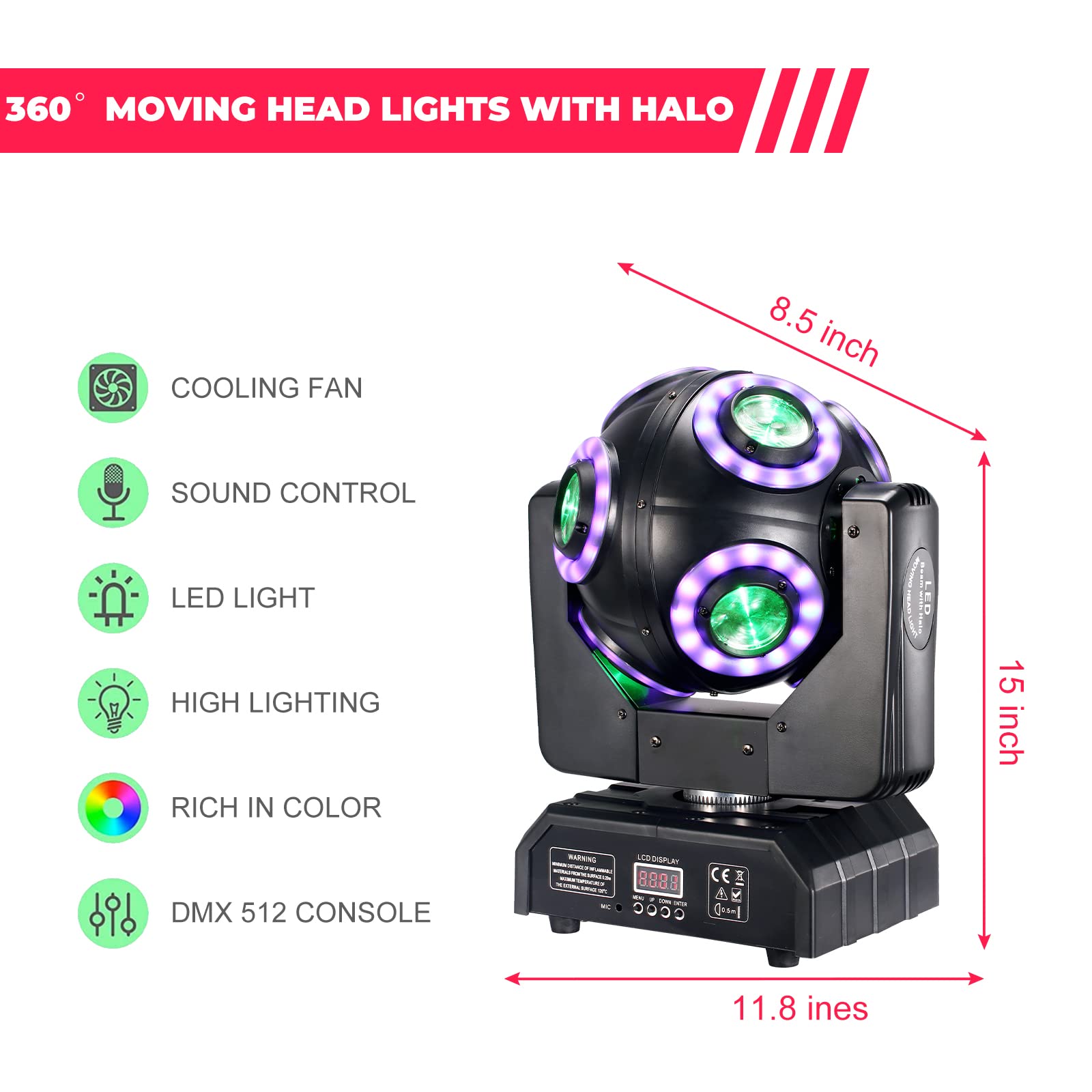 8x15W Moving Head Beam Light with Halo, 120w Football Lights RGBW 4in1 LED for DJ Stage Lights, 360?? Rotation Moving Head DMX 512 with Sound Activated for Stage Lighting Party Disco Club Wedding