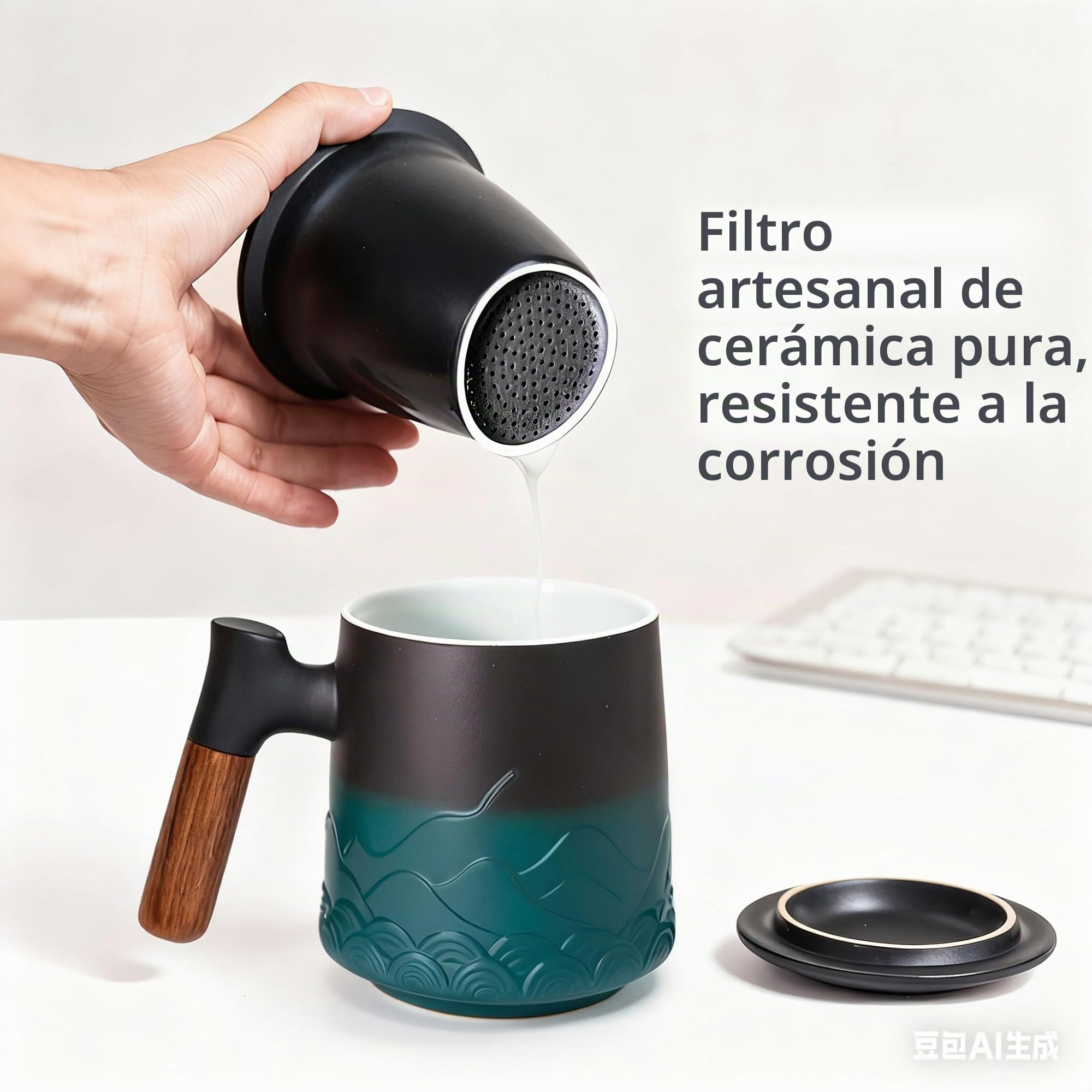 Taza Infusiones con Tapa y Filtro – Tazas de Té 500ml Grande Cerámica Artesanal con Asa de Madera – Regalo para los Amantes del Té, Verde Elegante