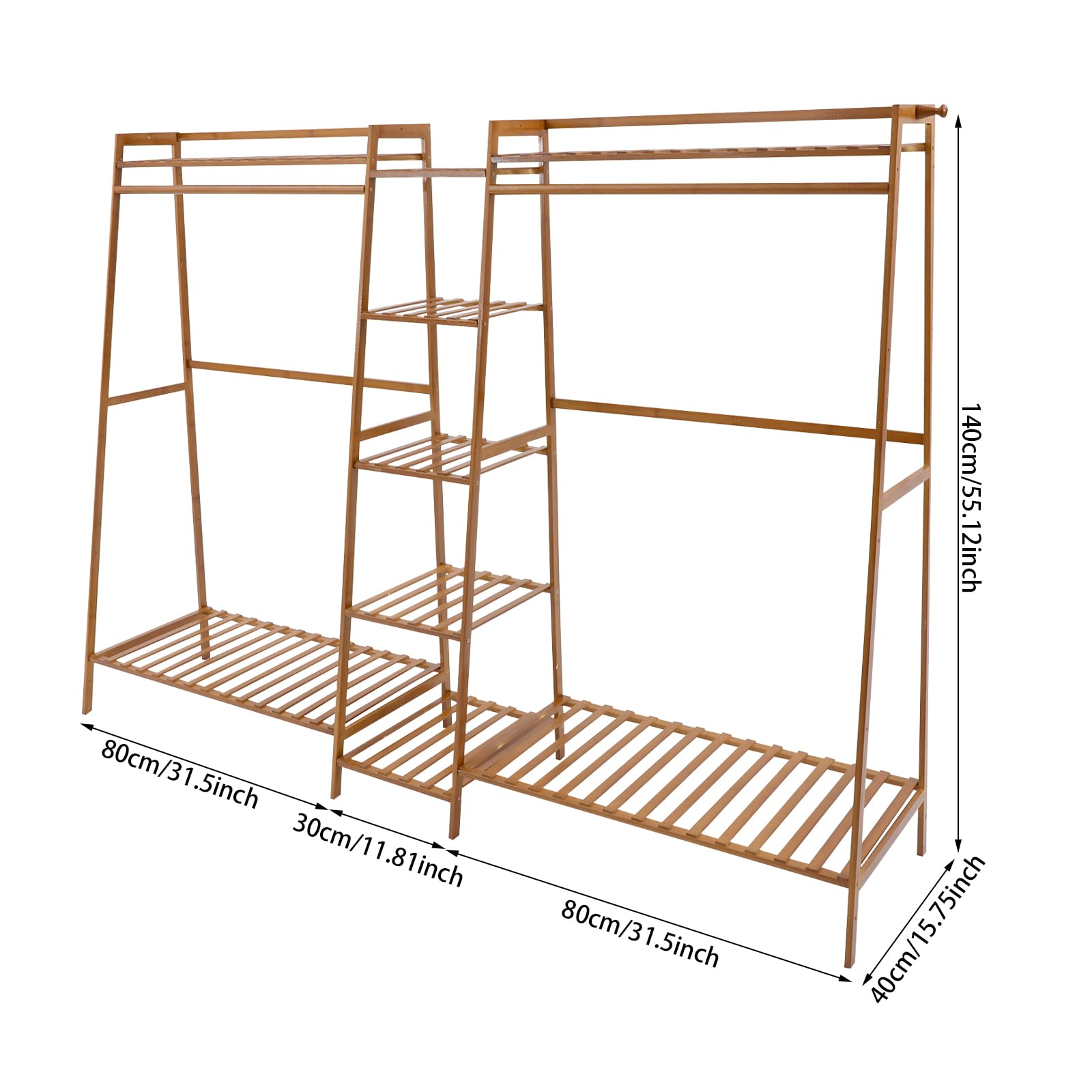 Garde-robe, Armoire ouverte avec Gant, Crochets de suspension de vêtements en bambou sur pied pour ranger les vêtements, Crochets de suspension en bois modernes pour le stockage (190 x 40 x 140 cm)