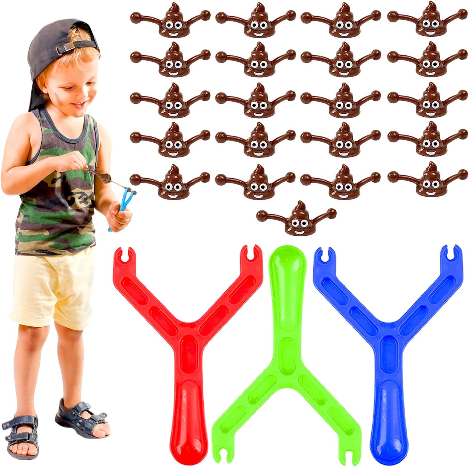 25P SmileyPoopSlingshot Set, 3 Catapult Mochi Bullets, Mini Slingshot Flying PoopToy, Funny Jokes Gags Fidget Gift for Xmas Stocking Filler