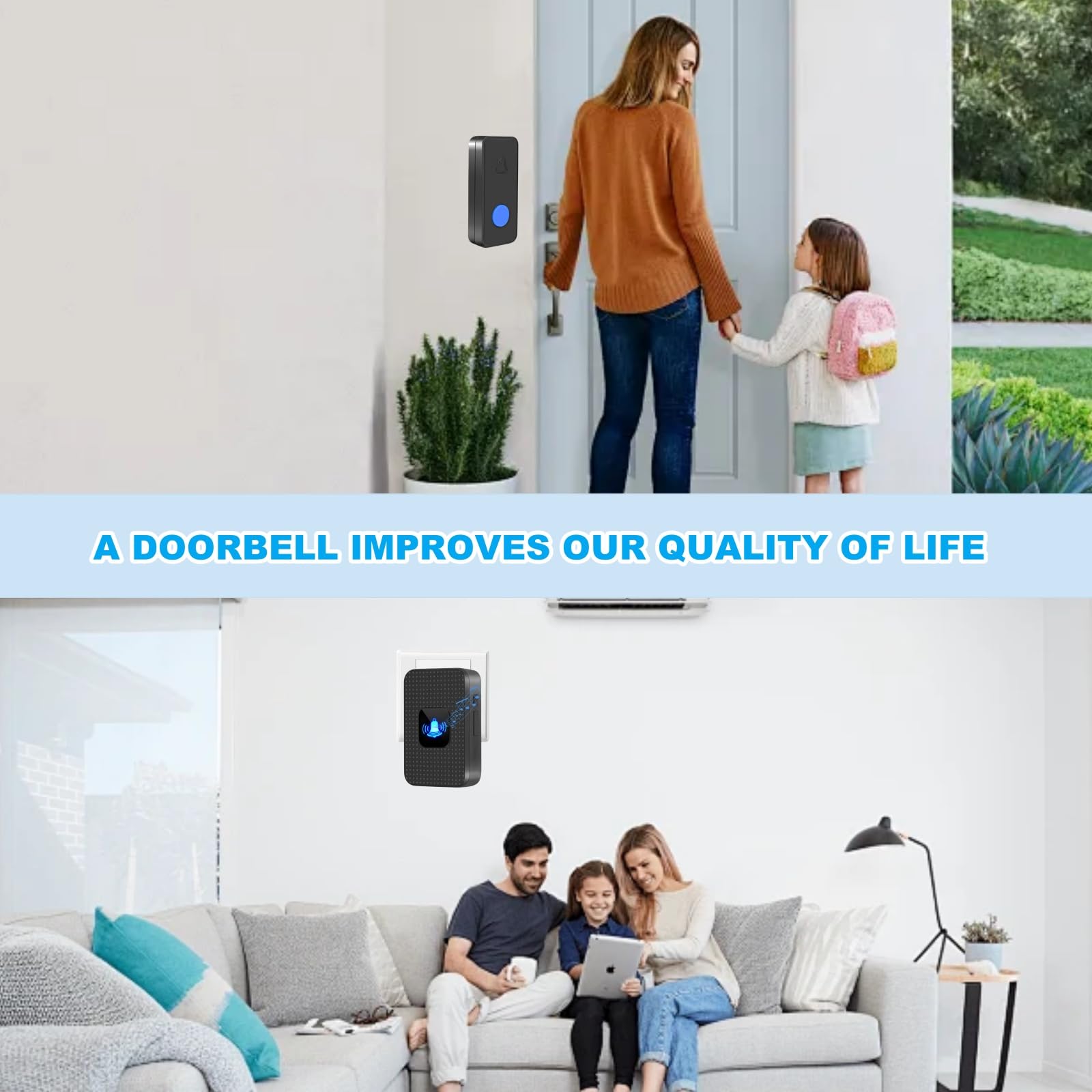 Timbre Inalámbrico Exterior Impermeable IP55, 1 Transmisor y 1 Receptor, Rango de 1000 pies, 55 Melodías, 5 Niveles de Volumen, Modo Silencioso, LED, para Oficinas Domésticas, Negro