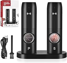 Electric Salt and Pepper Grinder Set, Adjustable Coarseness Pepper Mill and Salt Grinder with Charging Base, USB Rechargeable Salt and Pepper Grinder with LED Light, Black (Pack of 2)