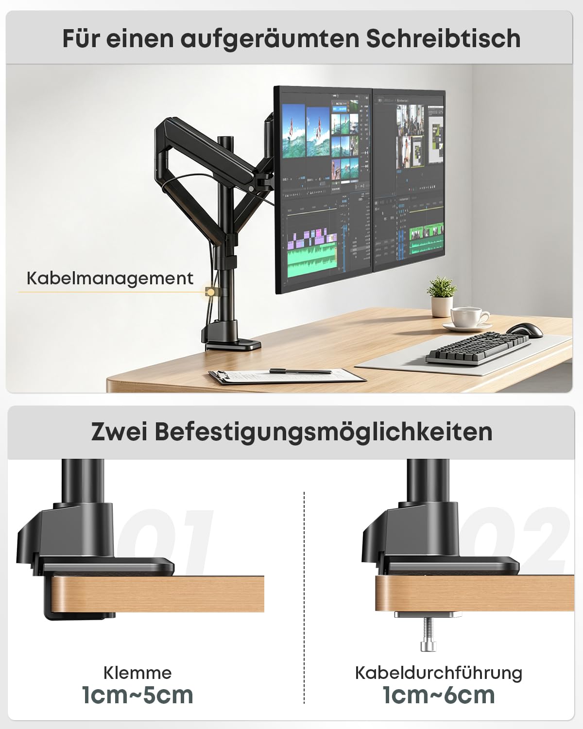 Monitor Halterung 2 Monitore für 17-40 Zoll, Gasfeder, Vollbewegung