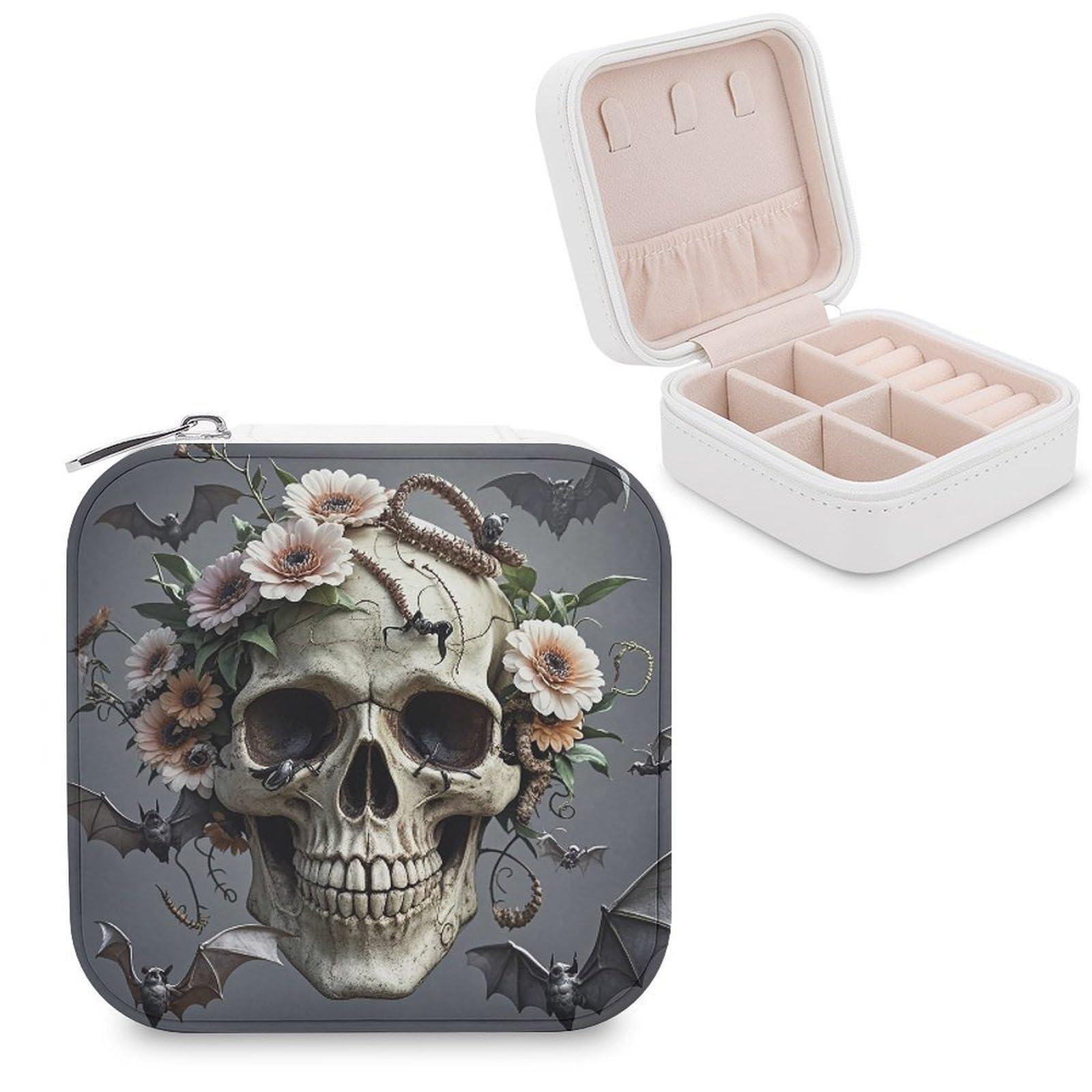 LZQPOEAS Skull Flower Jewelry Box Mini Jewelry Travel Case Trendy Stuff Ring Box Custom PU Leather Jewelry Boxes Portable Jewelry Case Earring Storage Organizer for Girls Women