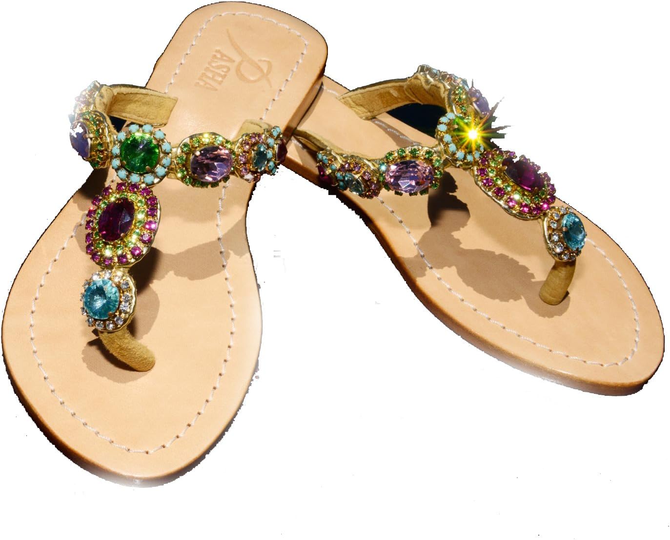 Pasha Jewelry for your feet, Gorgeous Jeweled Genuine Leather Sandals, Sao Paulo, Rainbow/Gold, 5