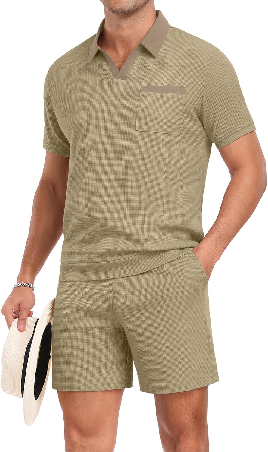 PrinStory Men's Summer Track Suits Waffle Knit Polo Shirt and Shorts Set Casual 2 Pieces Outfits with Pockets