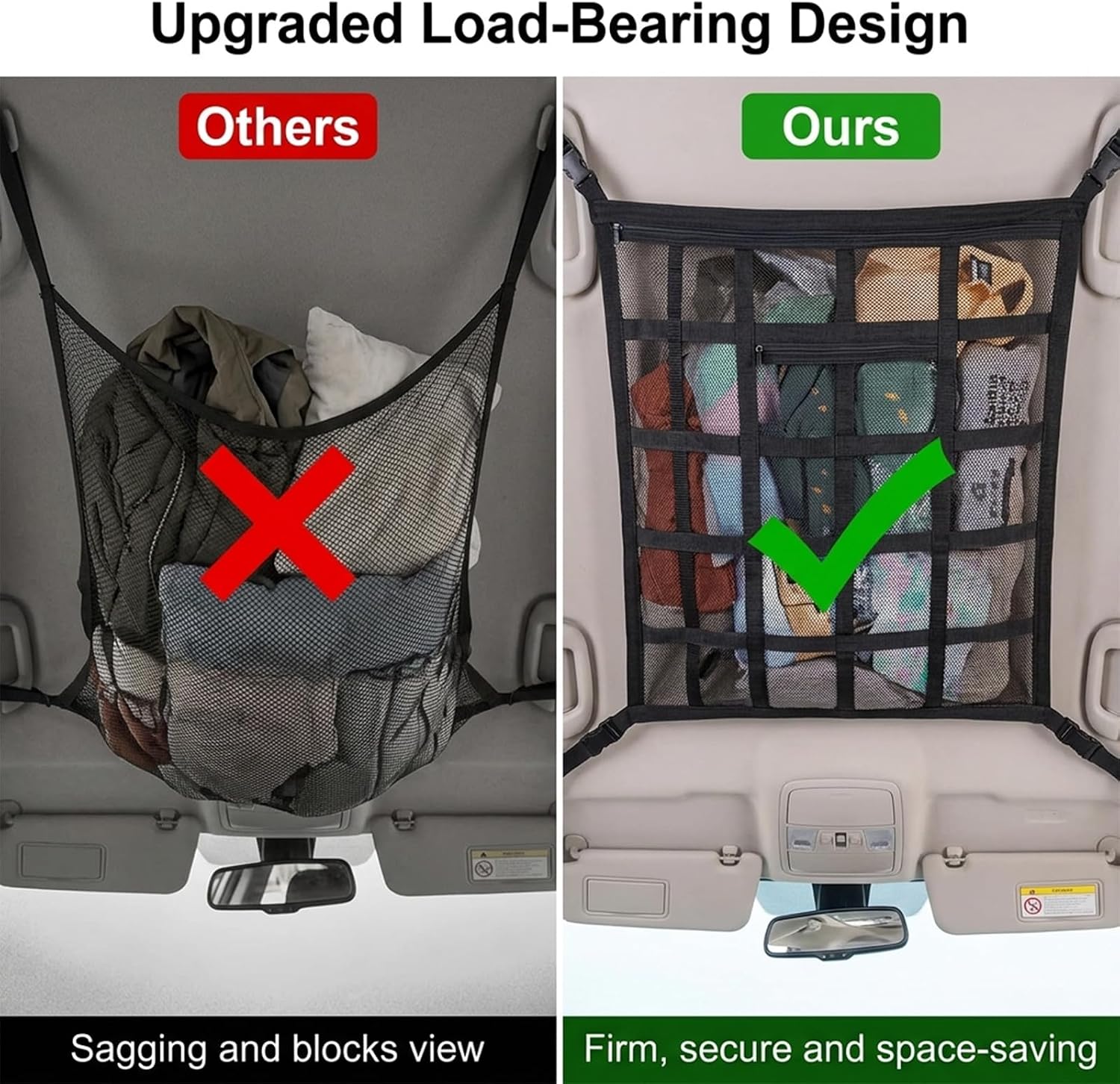 Car Ceiling Cargo Net, 30" x 21.2" Adjustable Double-Layer Mesh Roof Organizer, Versatile Storage Solution for Cars, SUVs and Trucks, Van Life Accessories for Travel and Camping