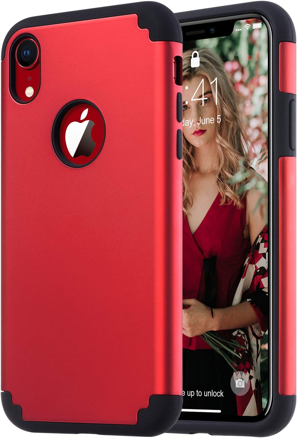 ULAK iPhone XR Case, Slim Fit Dual Layer Hybrid Hard PC Back Cover with Shockproof Soft Silicone Interior Anti Scratch Protective Phone Case for iPhone XR 6.1 inch, Red+Black