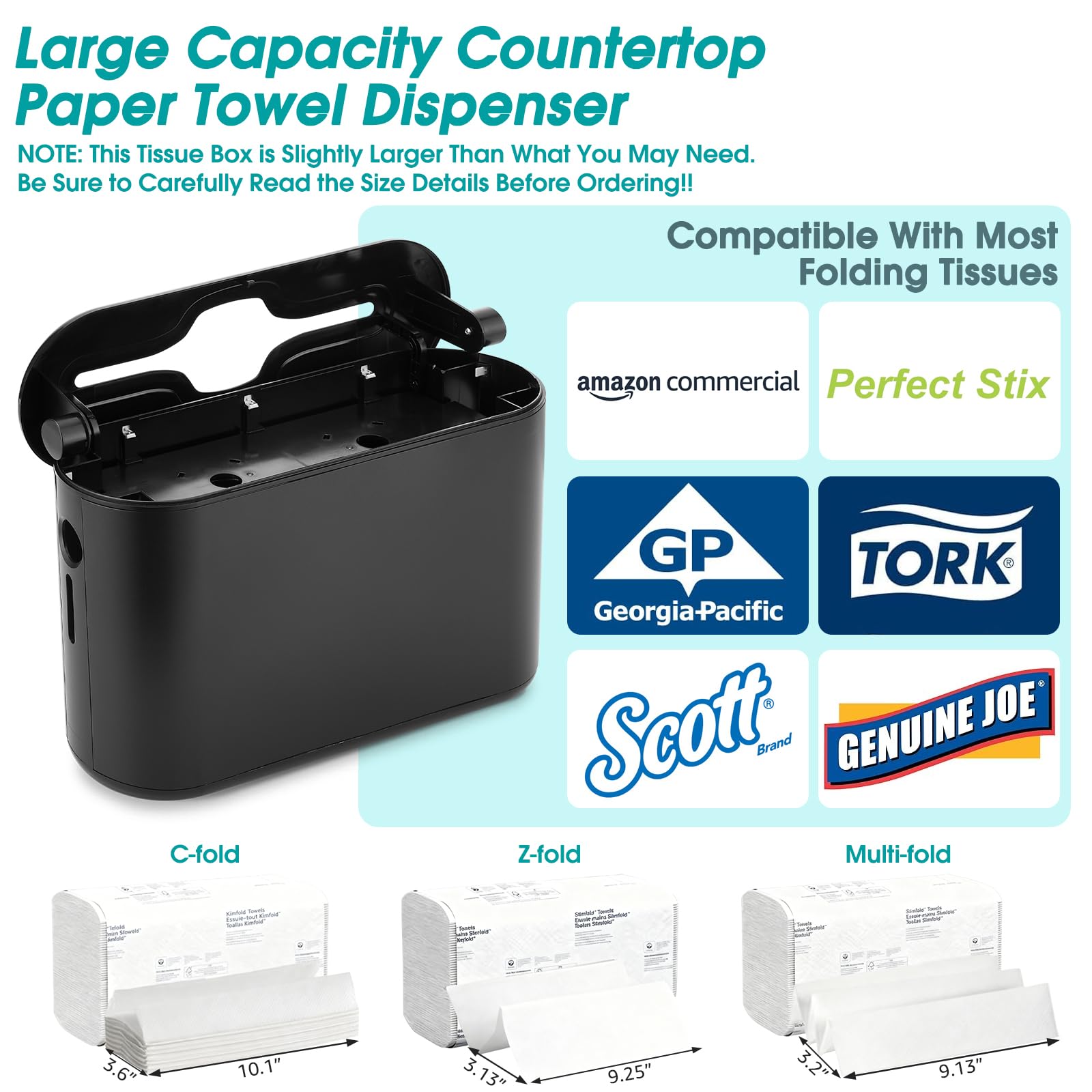 Dispensador de toallas de papel multipliegue, color negro | Base de ABS antideslizante, se adapta a toallas triples, plegables en C y plegables en Z, para baños, cocinas y uso comercial