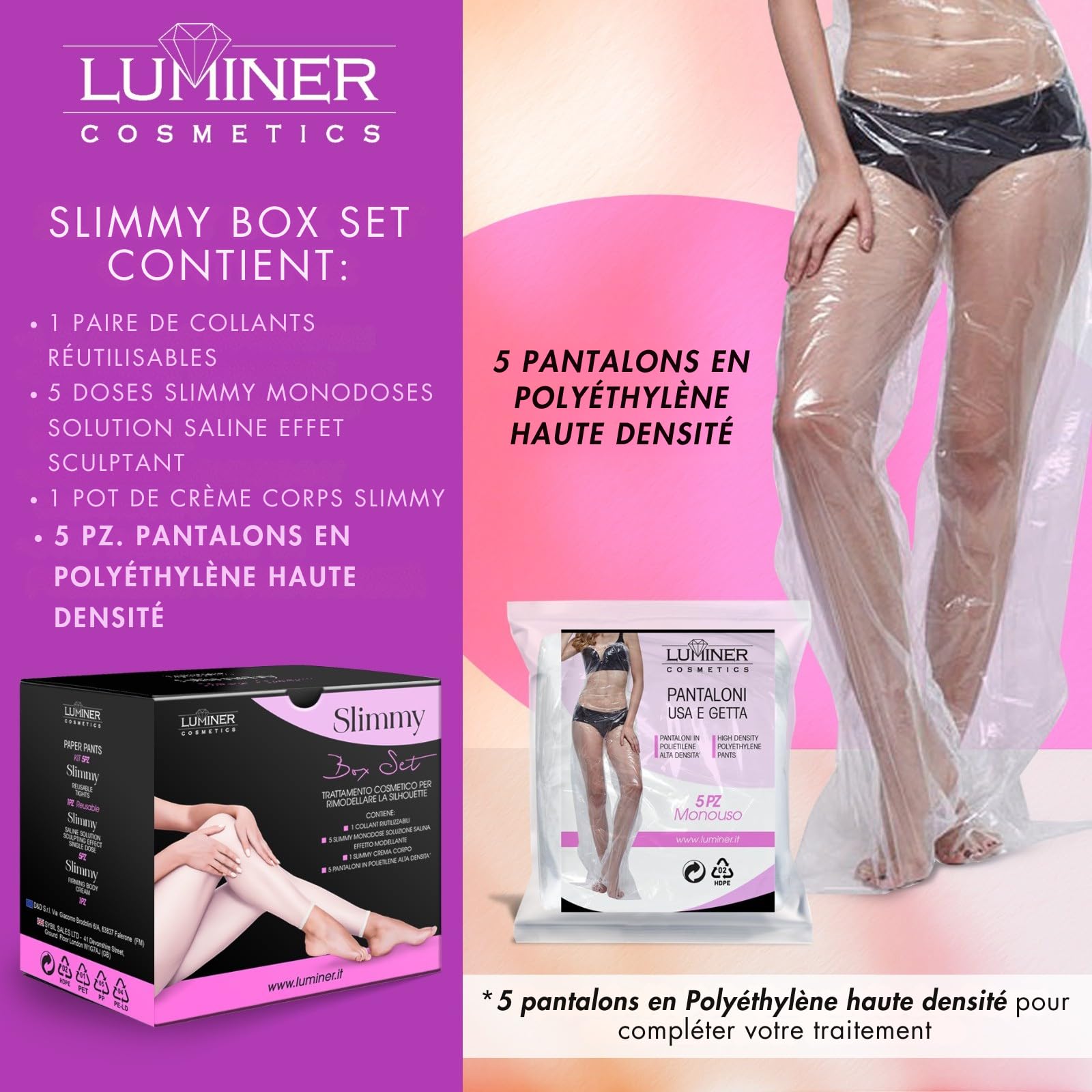 Luminer Slimmy Set Box – avec 5 Collants de Soin Réutilisables, Sel de la Mer Morte, Pantalon de Soin, Crème Raffermissante, Soin Silhouette