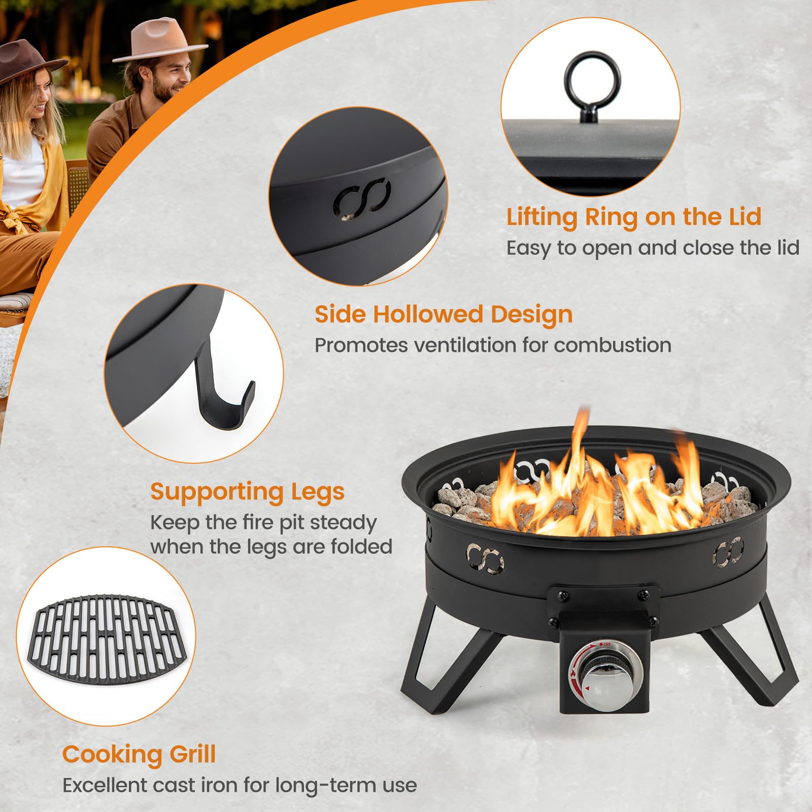 58000 BTU Propane Fire Pit, 44 cm Small Outdoor Fireplace with Foldable Legs, Portable Round Pit Lid, Cooking Grill, Carry Bag, Lava Rocks, Smokeless Firepit for Camping — view 2