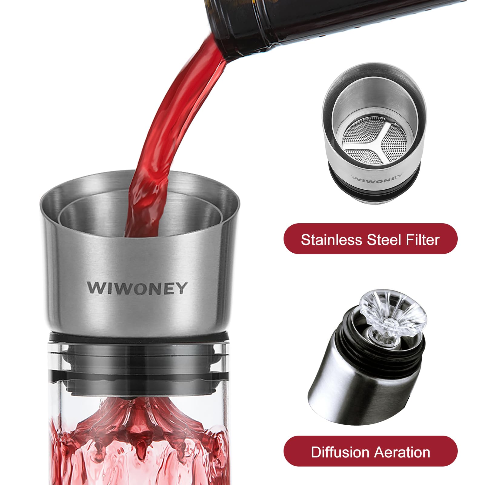 Carafe à Vin Rouge, Decanteur à Vin avec Filtre Aérateur, Verre de Cristal Sans Plomb 100% Soufflé à la Main, Cadeau pour Vin, 1500 ml
