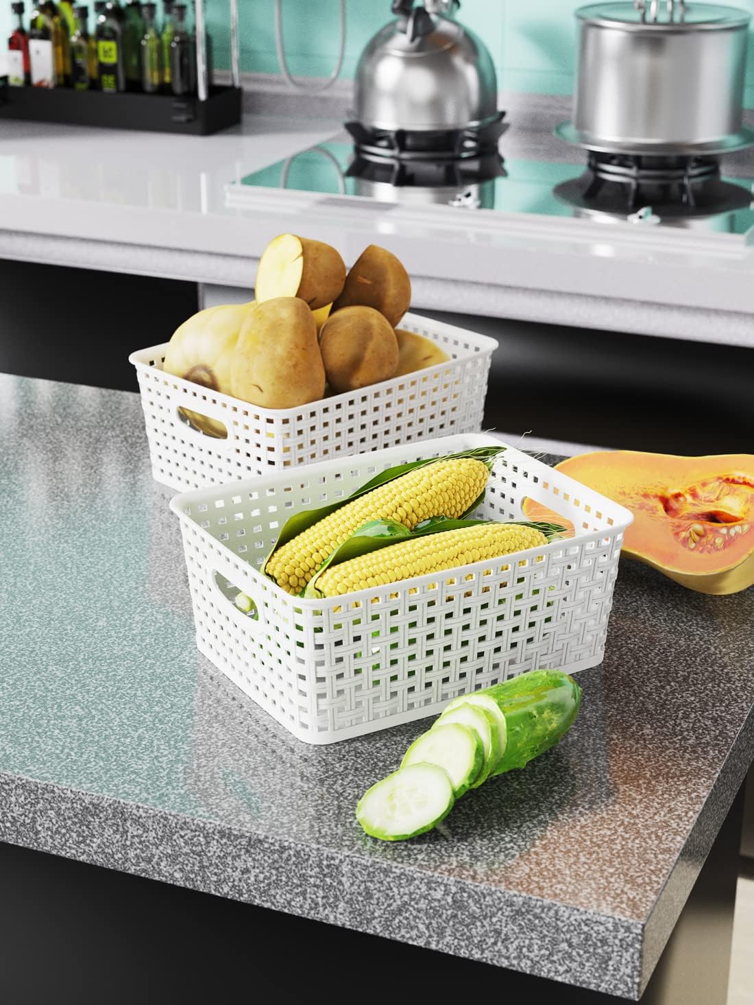 WYT 12-Pack Plastic Small Shelf Storage Weave Baskets for Organizing, White - Image 5