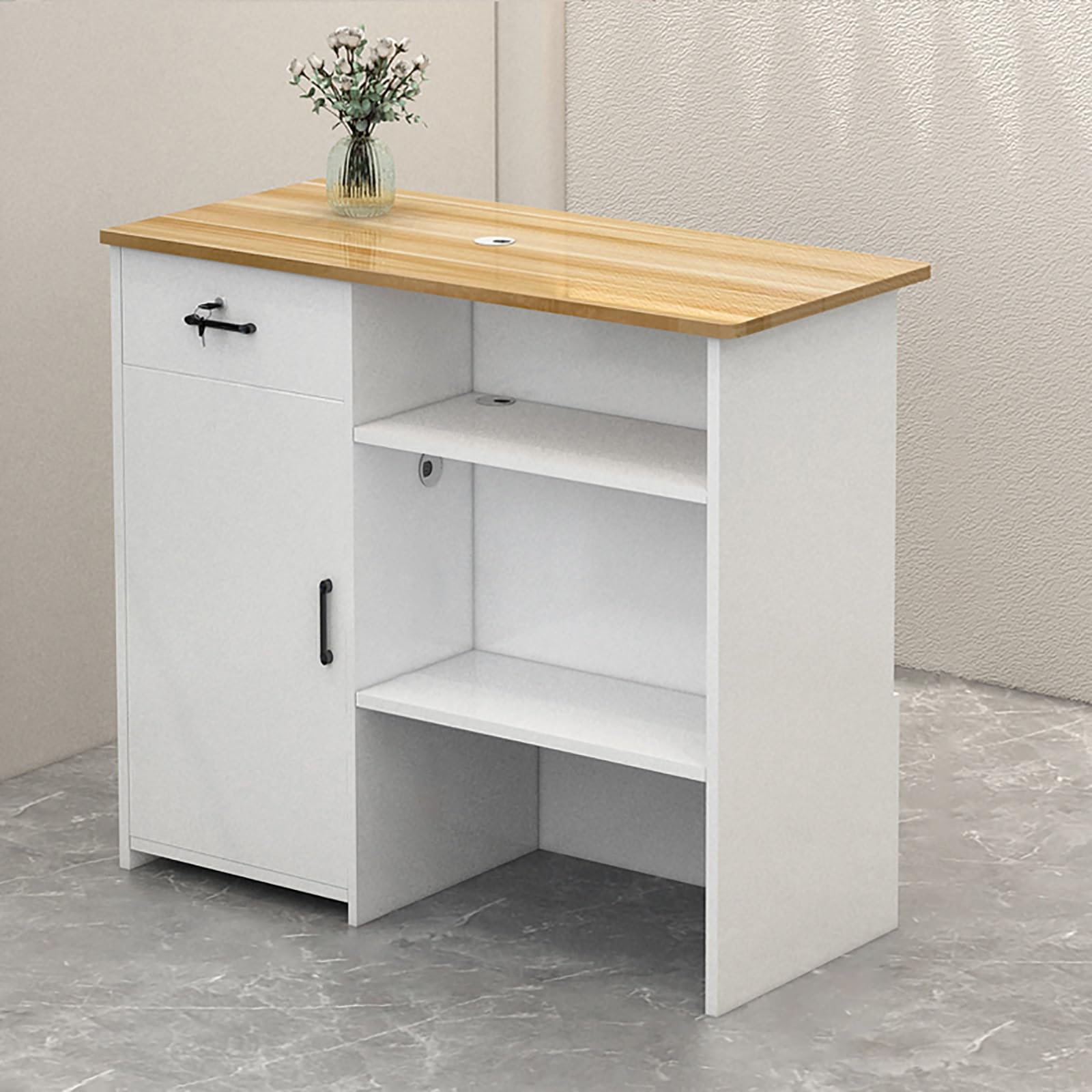 Rezeptionstresen 120cm Weiß - Mit Abschließbaren Schubladen & Ausstellungsregal, Für Salon & Einzelhandel