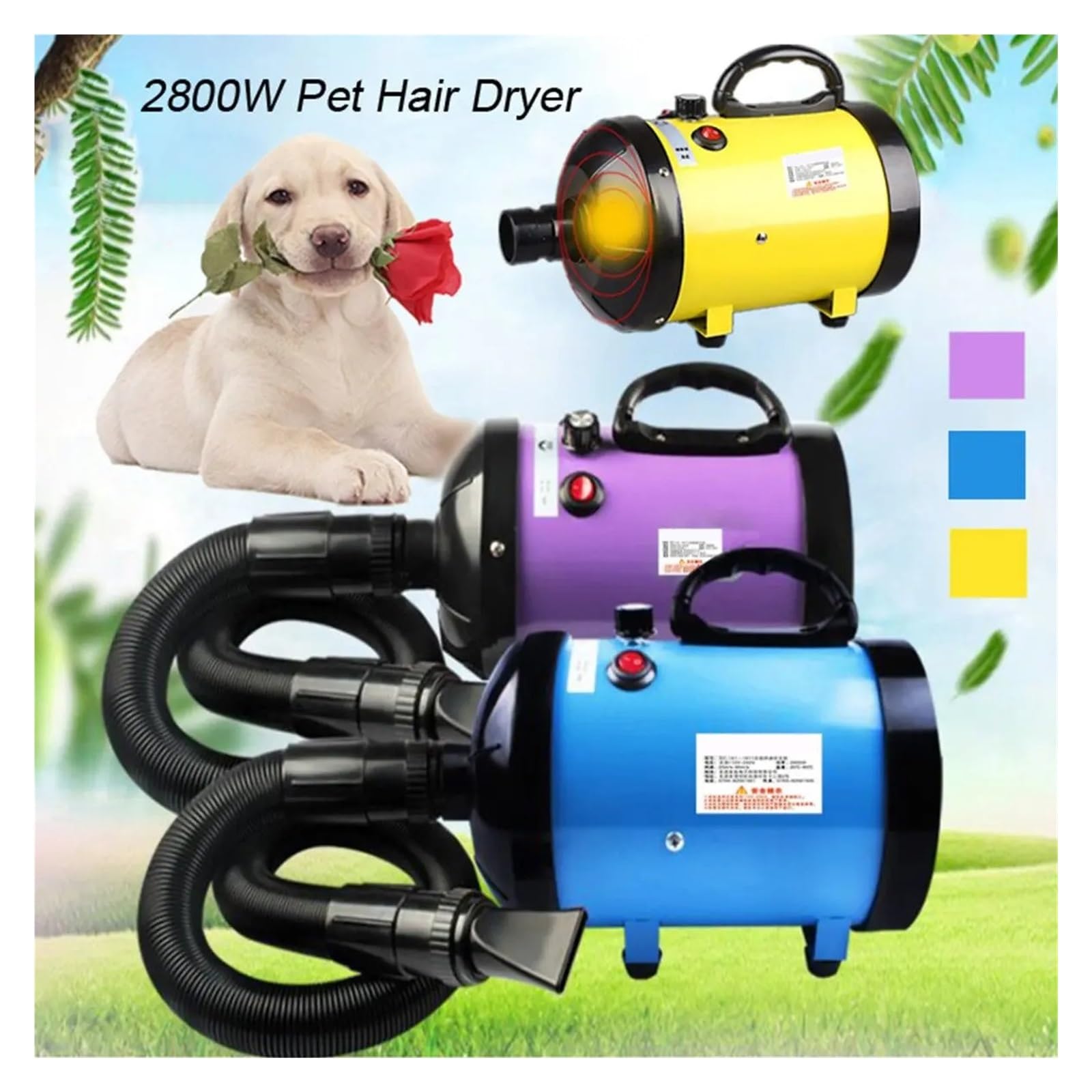 Suszarka Do Włosów O Mocy 2800 W Dla Psów Pet Dog Cat Dmuchawa Pielęgnacji Ciepły Wiatr Szybka Nadmuchowa Małych Średnich I Dużych Szybkie Bezpieczne Suszenie(Yellow)