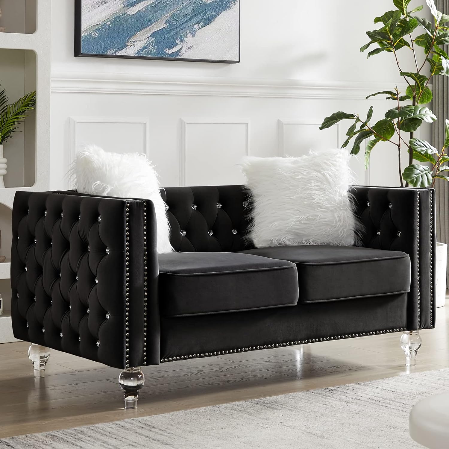 mikibama Velvet Loveseat with Buttons and Square Arms 59 Inch Tufted Sofa with Trimmed Nailhead and Acrylic Legs Loveseat Couch for Living Room, Bedroom (Black-Crystal Legs, Loveseat)