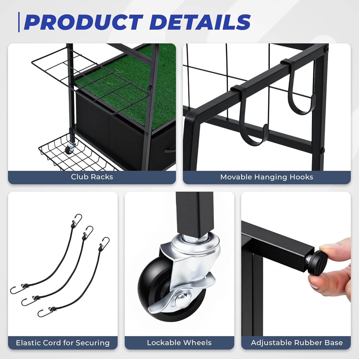 Golf Bag Organizer Storage Rack, Rolling Golf Storage Organizer for Garage, Golf Equipment Holder with Wheels, Turf Mat, Carbon Steel