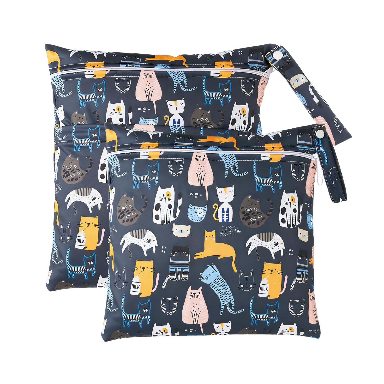 Baynetin 2 Packs Cartoon Print Wet Dry Bags | Waterproof Reusable Nappy & Swim Bag | Single Double Zipper Pouch for Swimming, Beach, Nursery & Travel (A-Cat)