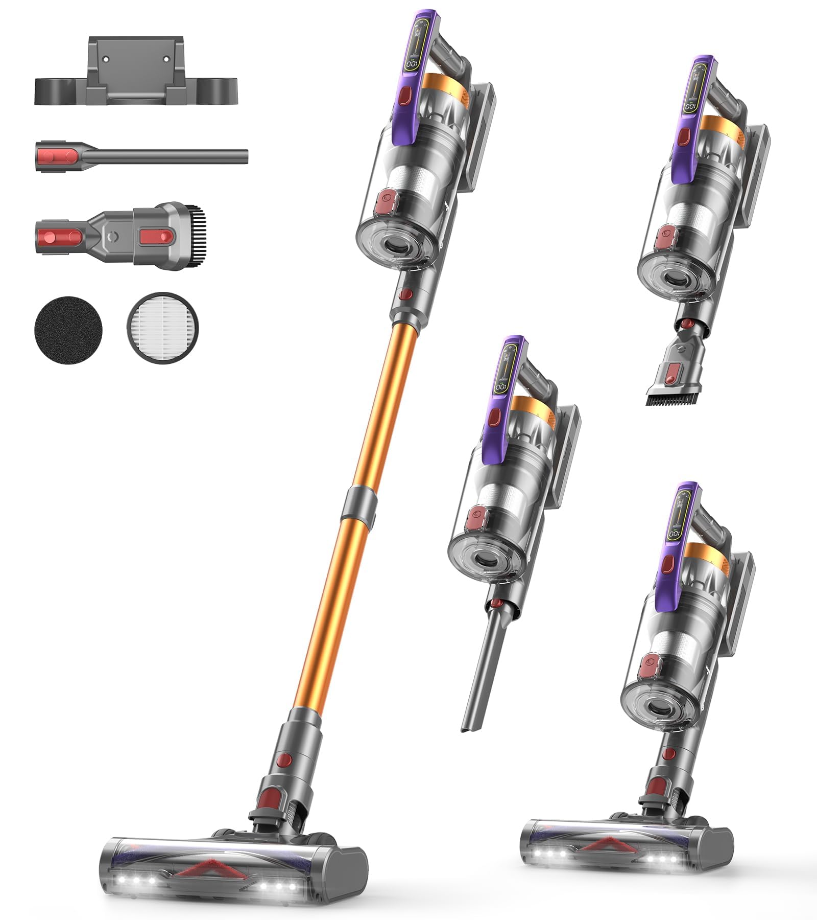 Staubsauger Kabellos 50KPA/600W/75Mins, 1.8L Akku Staubsauger mit LED-Display&Anti-Tangle-Bürste, Selbststehend, Ultraleise Cordless Vacuum Cleaner, für Tierhaare/Teppiche/Hartböden/Auto
